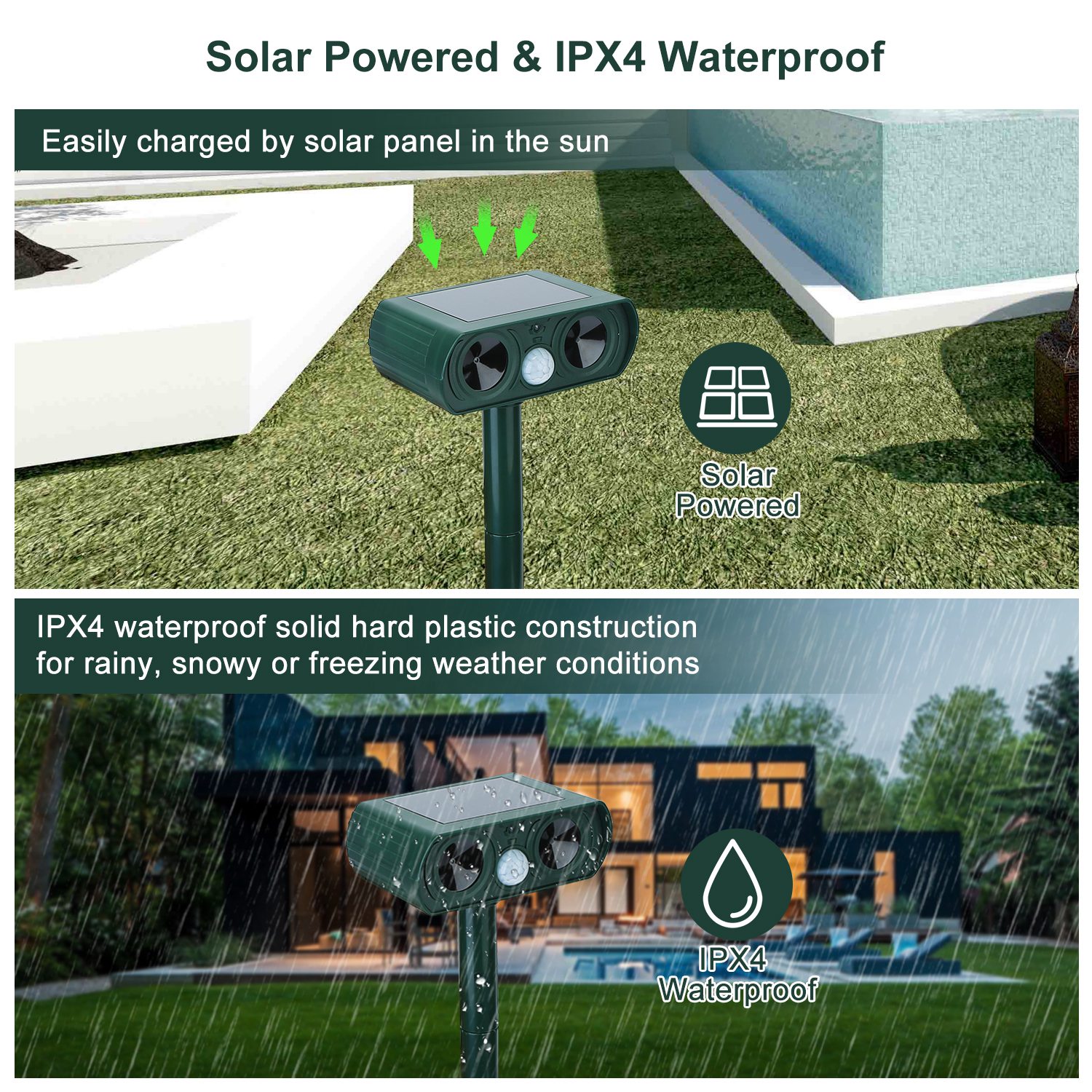 Repelente Ultrasonico para Animales para Jardín Patio con Energía Solar y Sensor de Movimiento IPX4 Resista agua Exterior para Verano Primavera Granja Jardín Patio Repeliendo Cérvidos Mapaches Gatos Perros Conejos Ardillas Pájaros — imagen 9