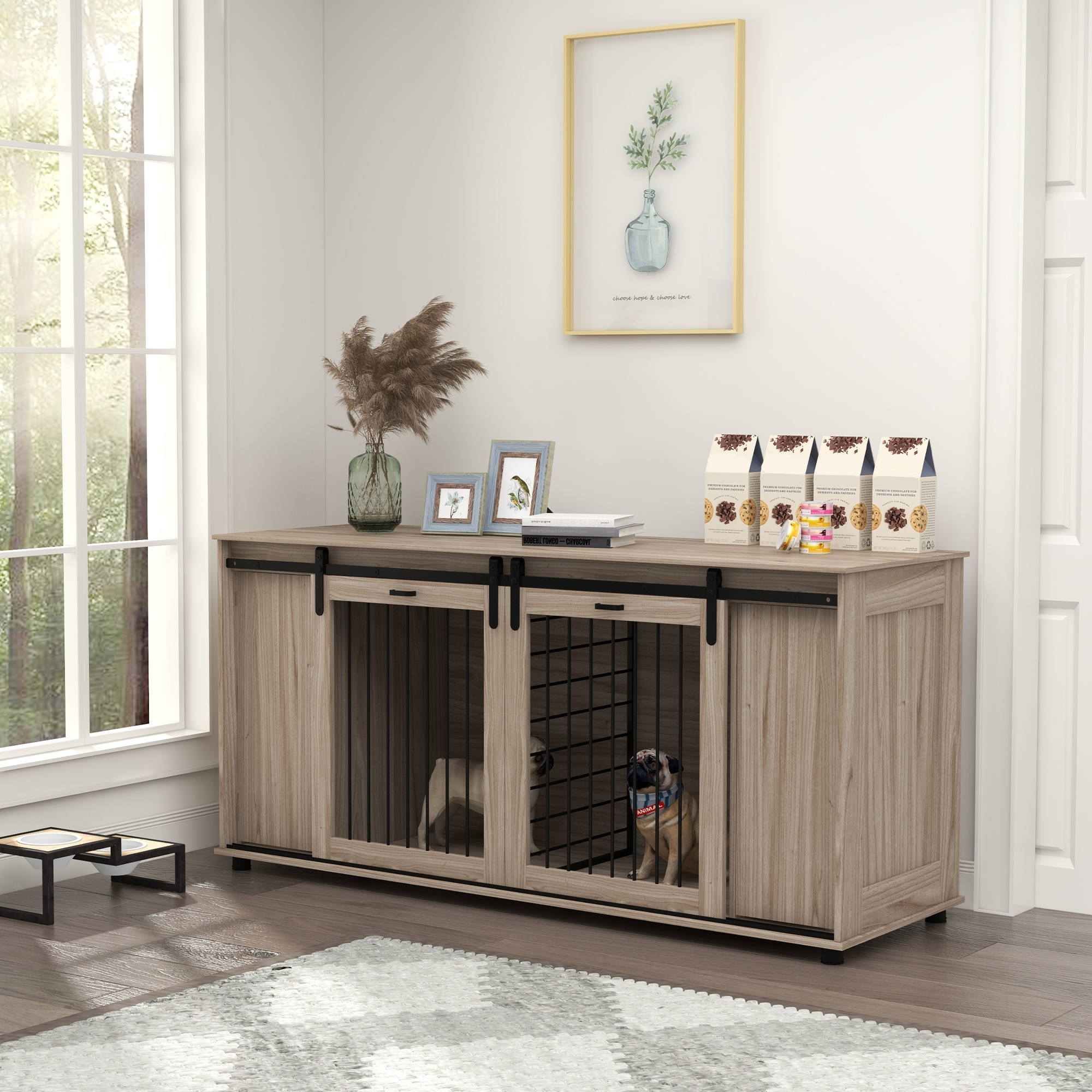 Casa de Perro Moderna de 71" con Panel Divisor Removible y Almacenamiento para 2 Pequeños o 1 Gran Canino, Roble — imagen 1