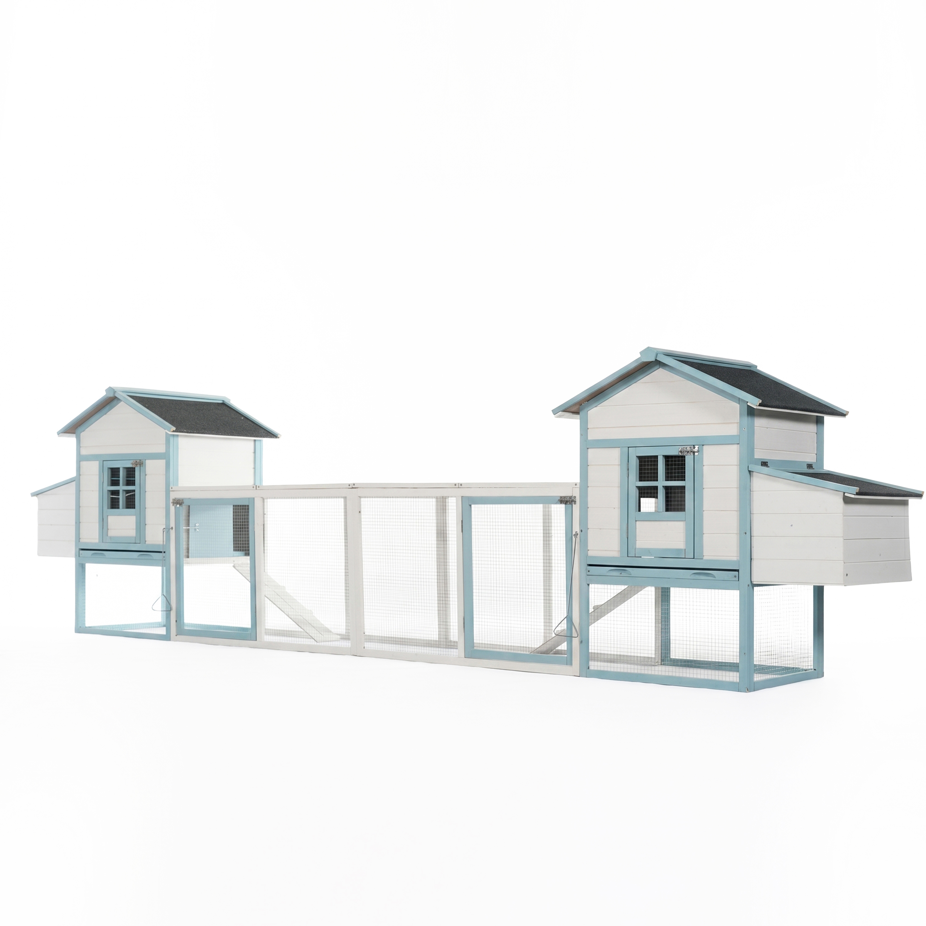 Casa de Gallinas Grande en Madera con Dos Cajas de Incubación, Corral Exterior con Techo Impermeable de Asfalto y Acceso Peatonal, Jaula de Pollos de Madera de Abeto con Platos de Desperdicios Retraillables, Azul y Blanco para Gallineros de Patio — imagen 19