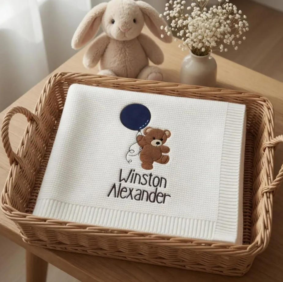 Cotton Knitted Baby Blanket with Embroidered Bear and Personalized Name, Soft Infant Car Seat Cover and Nap Blanket — image 5