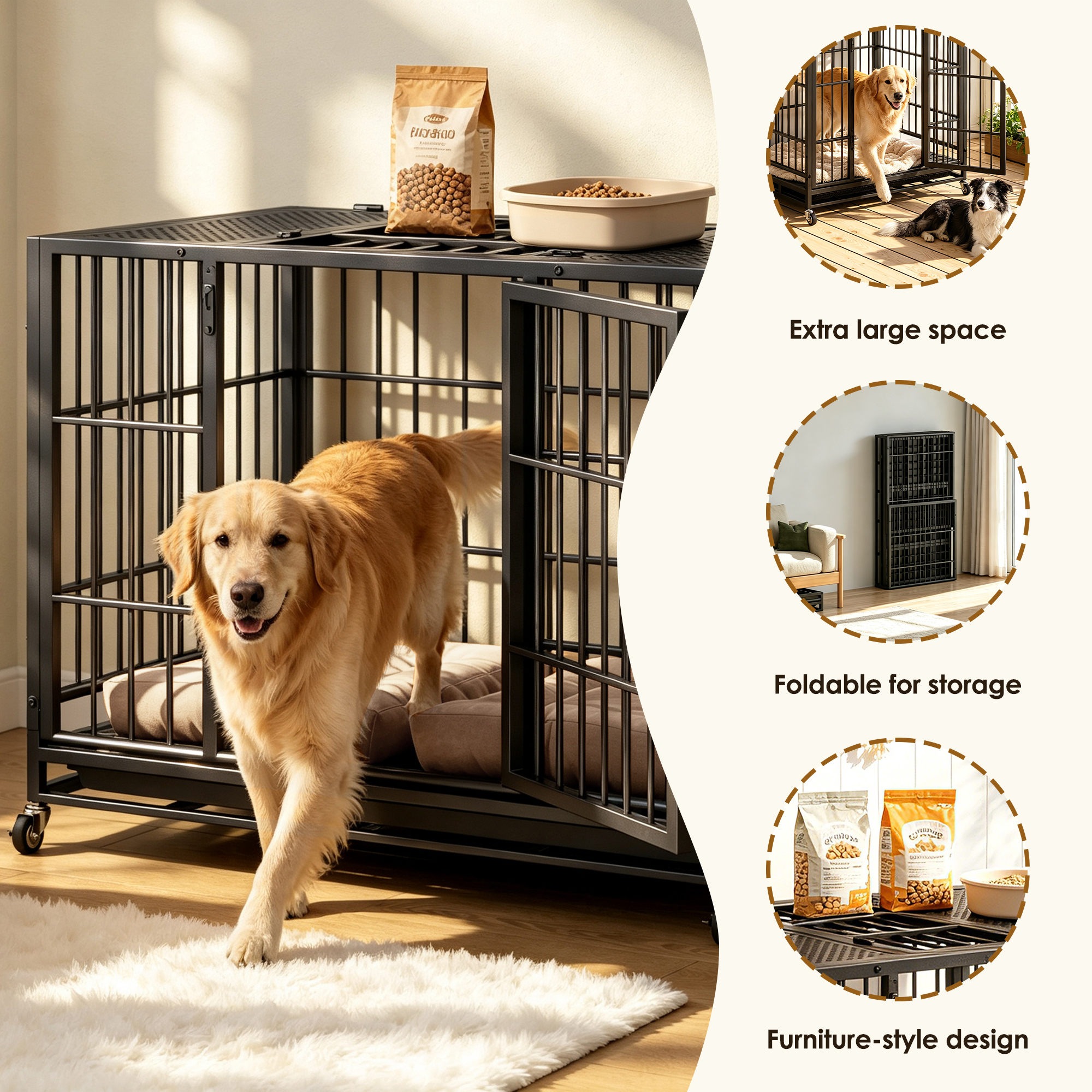 Heavy Duty Dog Crate, Mobile Pet Kennel with Lockable Wheels & Rotary Twist-Latch, Indoor Outdoor Metal Cage with Perforated Top — image 4