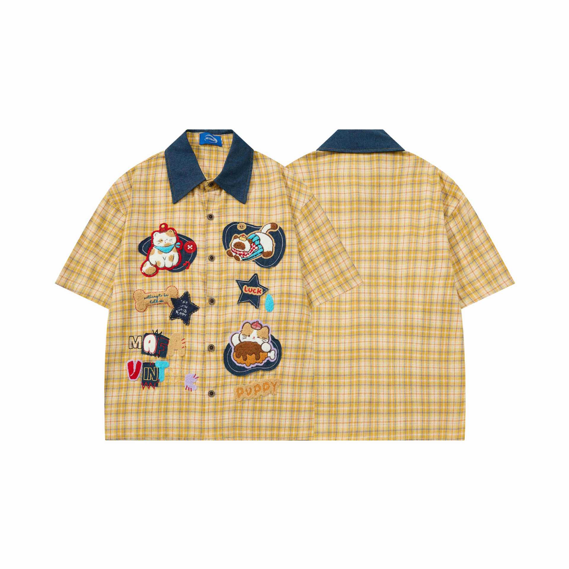 Camiseta de Corte Corto con Grid Amarillo y Brodería Felina — imagen 4