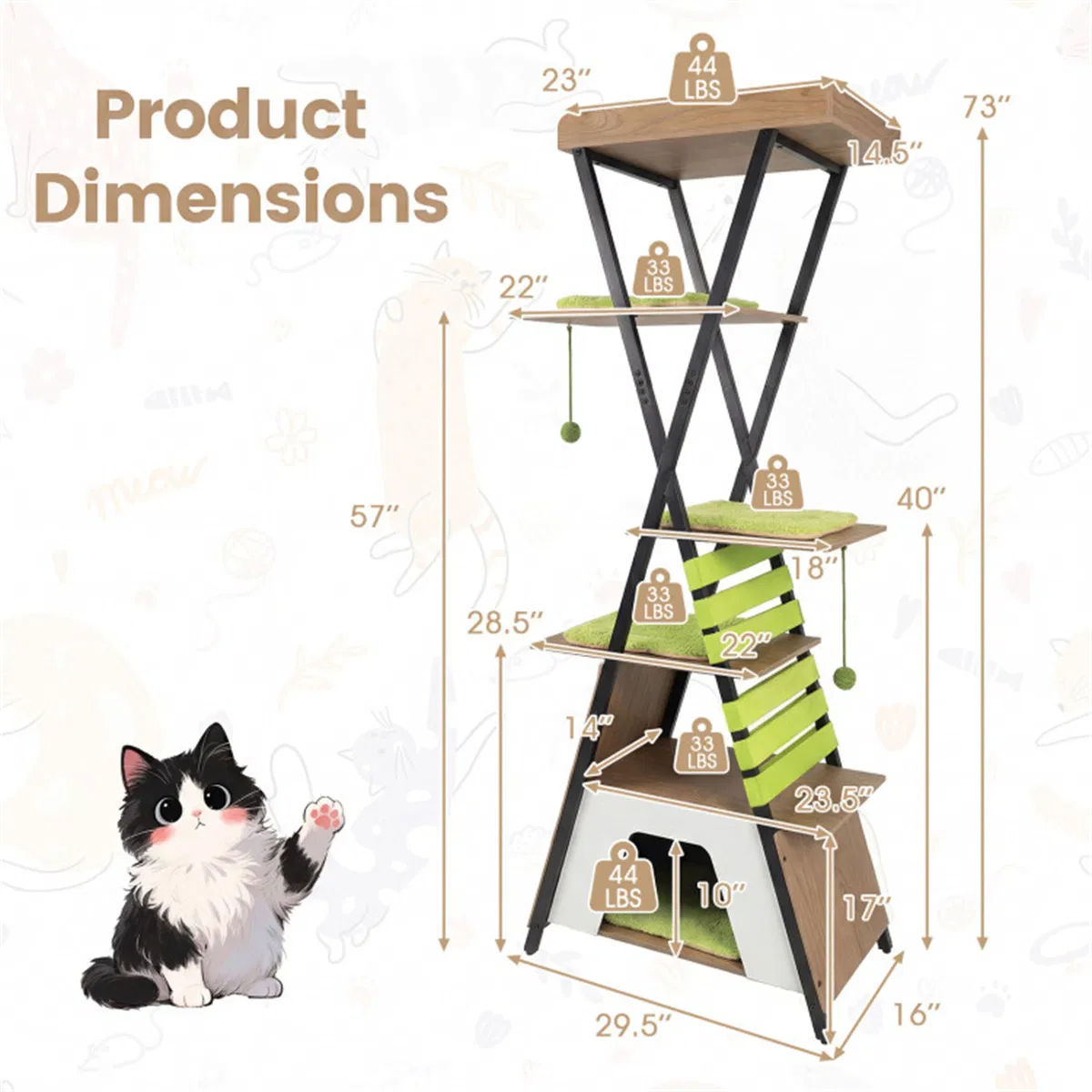 73" Multi-Level Cat Tree with Condo & Perch, Multi-Cat Climbing Tower with Scratching Pad & Interactive Toys — image 7