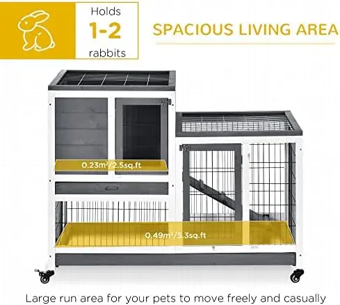Wooden Rabbit Hutch Elevated Bunny Cage Indoor Small Animal Habitat with Enclosed Run with Wheels, Ramp, Removable Tray — image 3