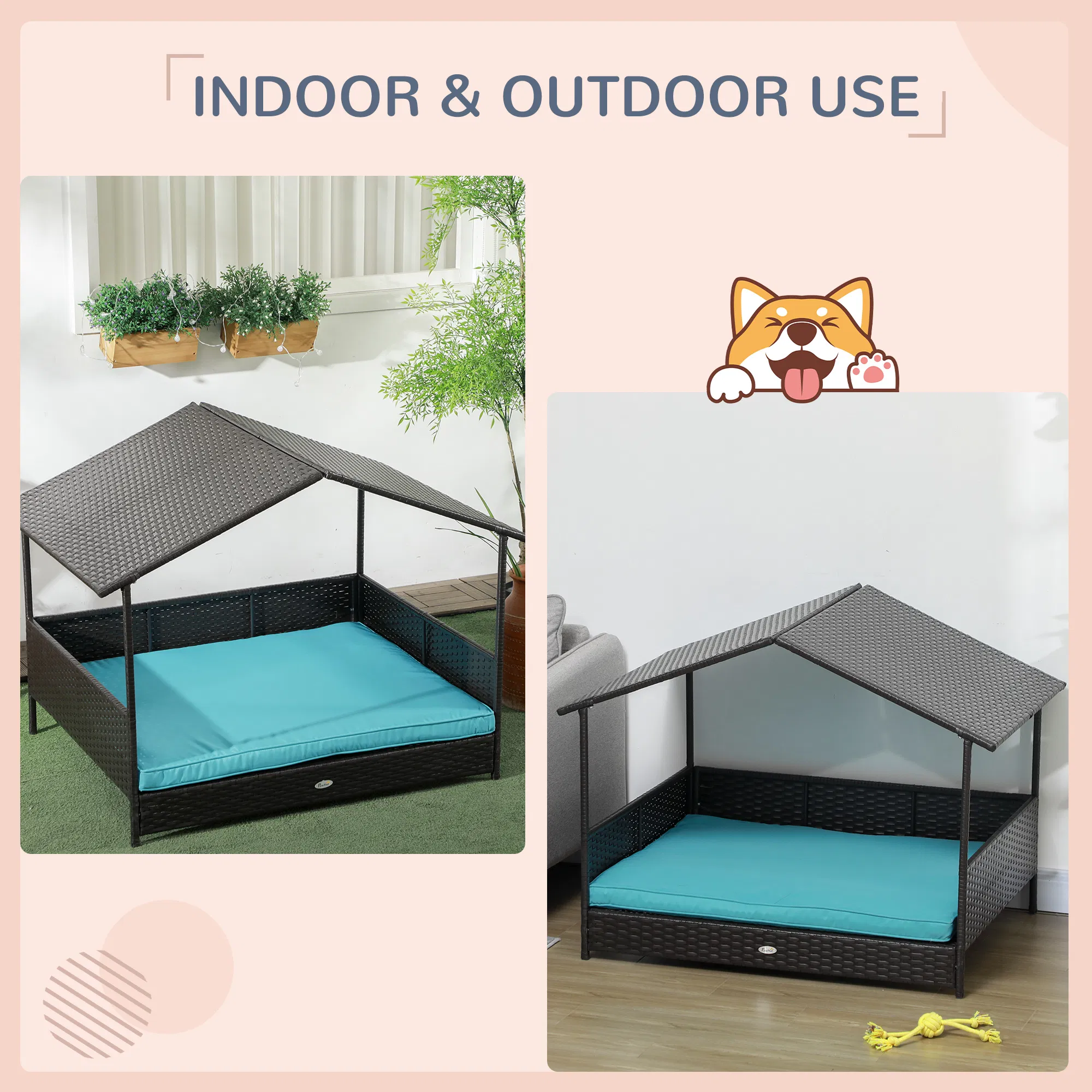 Outdoor Dog House Wicker Dog Bed with Soft Cushion Washable Cover, for Medium Large Dogs Indoor Outdoor, Blue — image 6