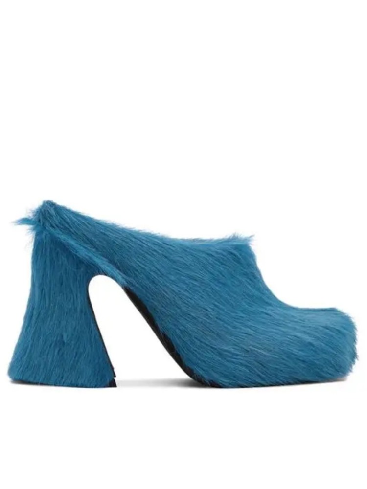 Round headed candy colored genuine leather horse hair with raised height inside casual lazy half slippers for women — image 4