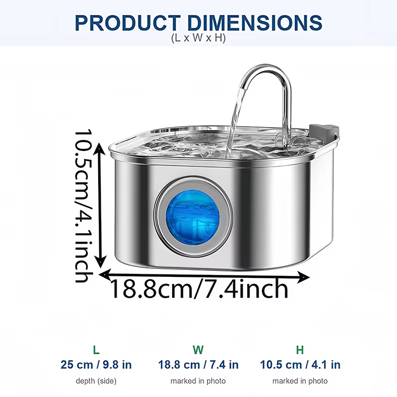 Fuente de Agua para Mascotas 3.2L Capacidad Grande 304 Acero Inoxidable 3. Nivel de Agua LED, Triple Filtración, Bomba Silenciosa, para Gatos y Perros — imagen 2