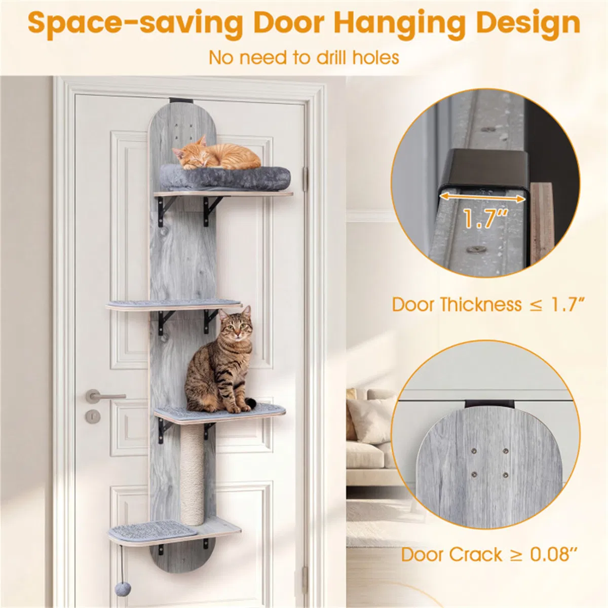 Door Hanging Cat Tree 5-Level Height Adjustable 4-Tier Climber No-Drill for Apartment Grey — image 6