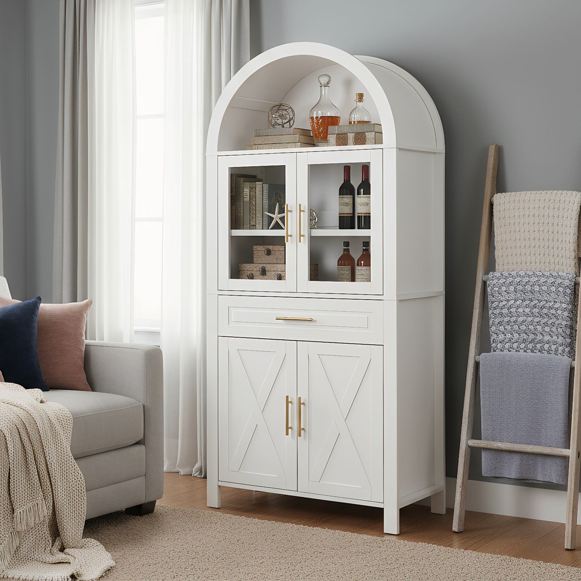 Pantry de Cocina con Puerta de Vidrio y Diseño de Estilo Rural de 71" de Alto con Aros, Armario de Almacenamiento con Estanterías Ajustables para Cocina, Salón y Comedor, Blanco — imagen 5