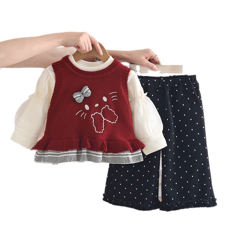 Girls Polka Dot Rabbit Sweater Three-Piece Autumn Spring Fashionable Outfit Set — image 6