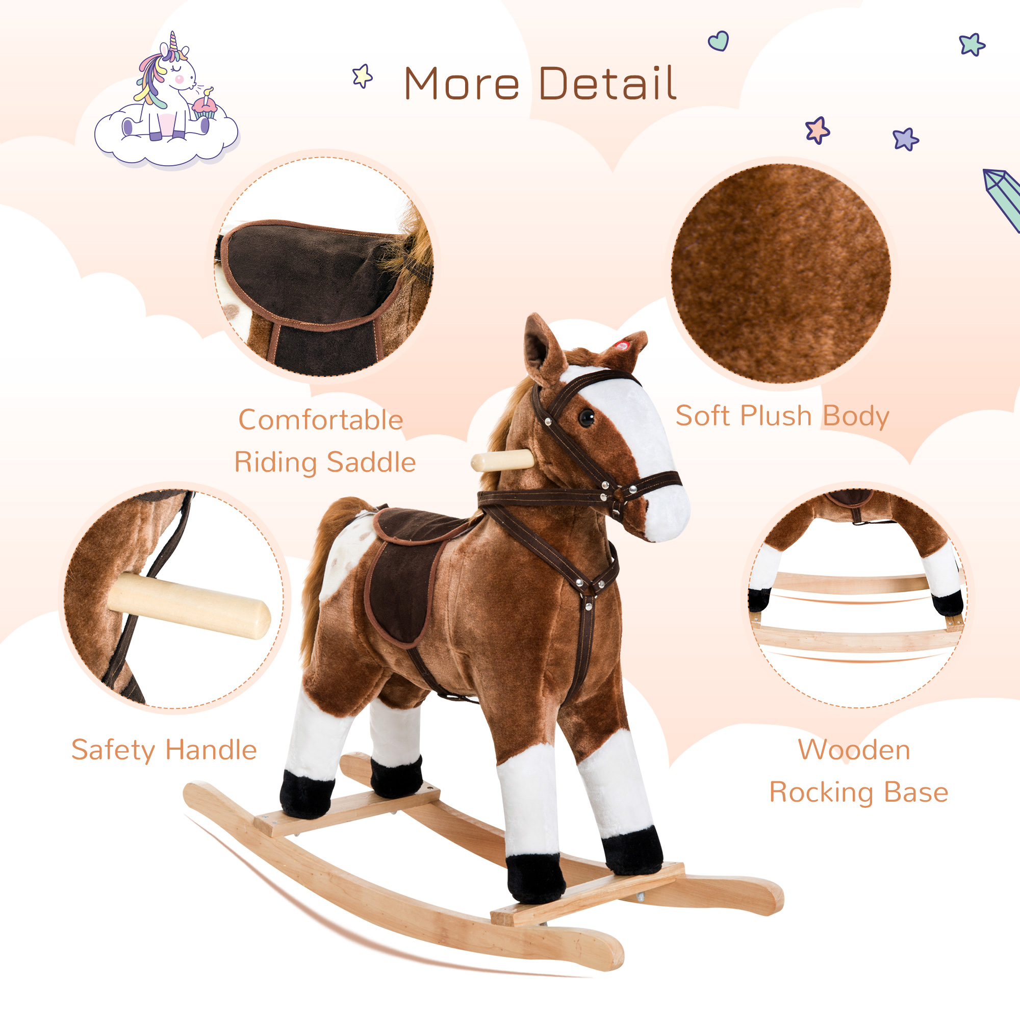 Kids Plush Toy Rocking Horse Pony Toddler Ride on Animal for Girls Pink Birthday Gifts with Realistic Sounds, Brown — image 5