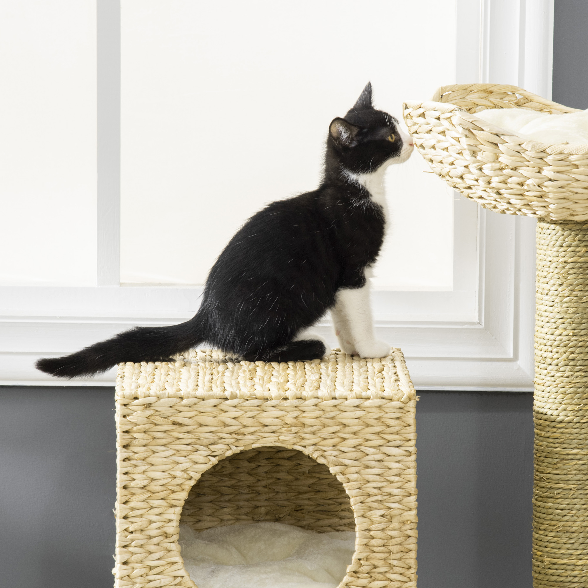 Arbol de Paja para Gatos con Cama de Rattán, Colgador y Fundas Limpiables, 22.5" x 14.5" x 39.5", Natural — imagen 3