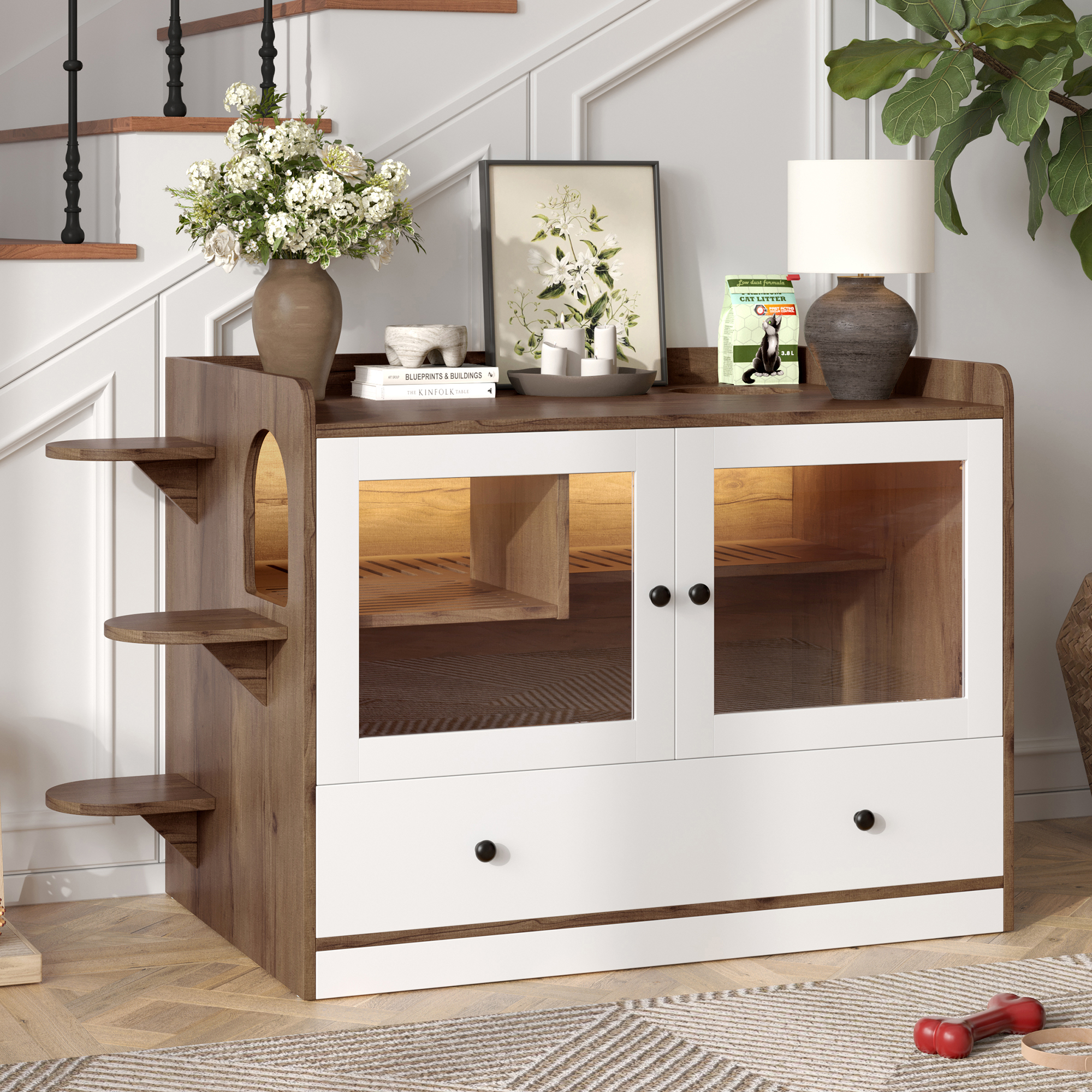 Caja de Limpieza para Gatos Oculta con Escalera y Caja de Muebles, Casa para Gatos con Rincón para Baño en Habitación, Mesa lateral para Salón, Marrón y Blanco — imagen 1