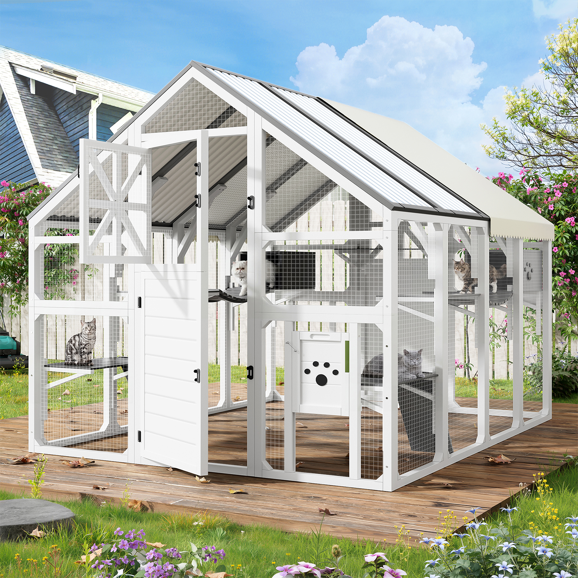 Extra Large Catio Outdoor Cat Enclosure, Walk-in Outdoor Pet House For Multiple Cats, Catio Cat Run Cage With Bridges, PVC Roof, Weatherproof Cover, 8 Platforms, 2 Resting Box, White And Grey — image 1