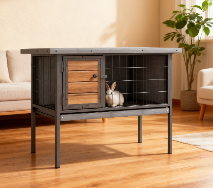 Casa para Conejos de Madera Elevada con Plataforma Anti-Escapes, Gris — imagen 2