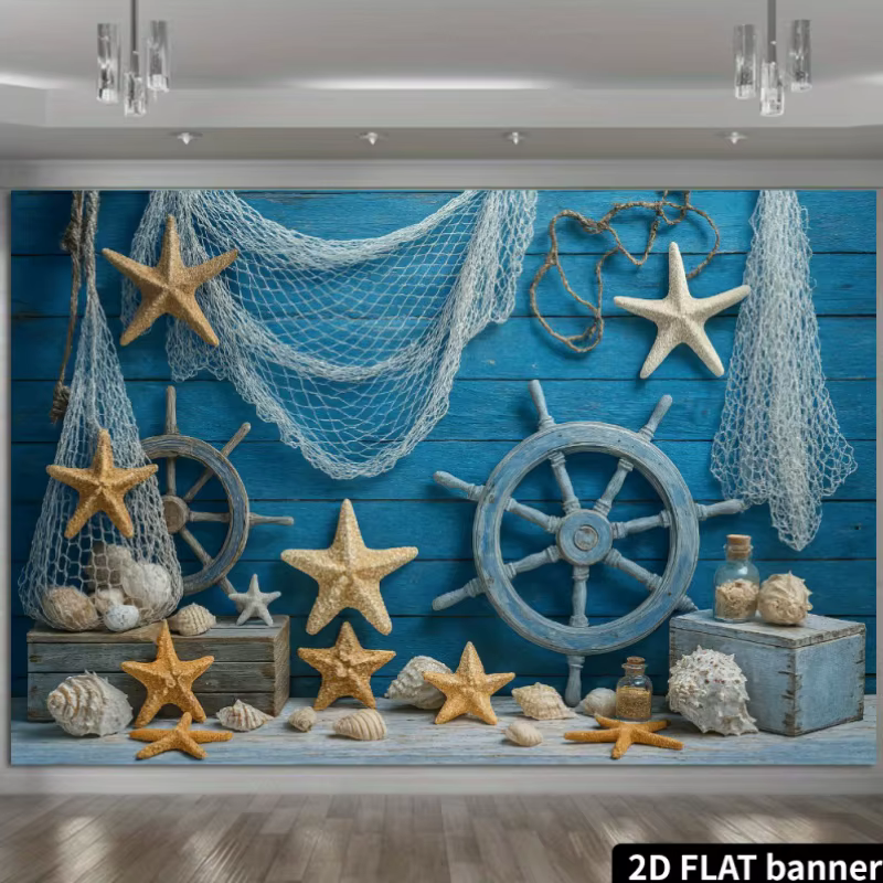 Tapiz de Pared con Temática Náutica 2D, Estandarte Plano 2D, Concha de Mar, Estrella de Mar, Timón de Barco, Decoración Oceánica, Casa de Playa, Sala de Estar — imagen 3