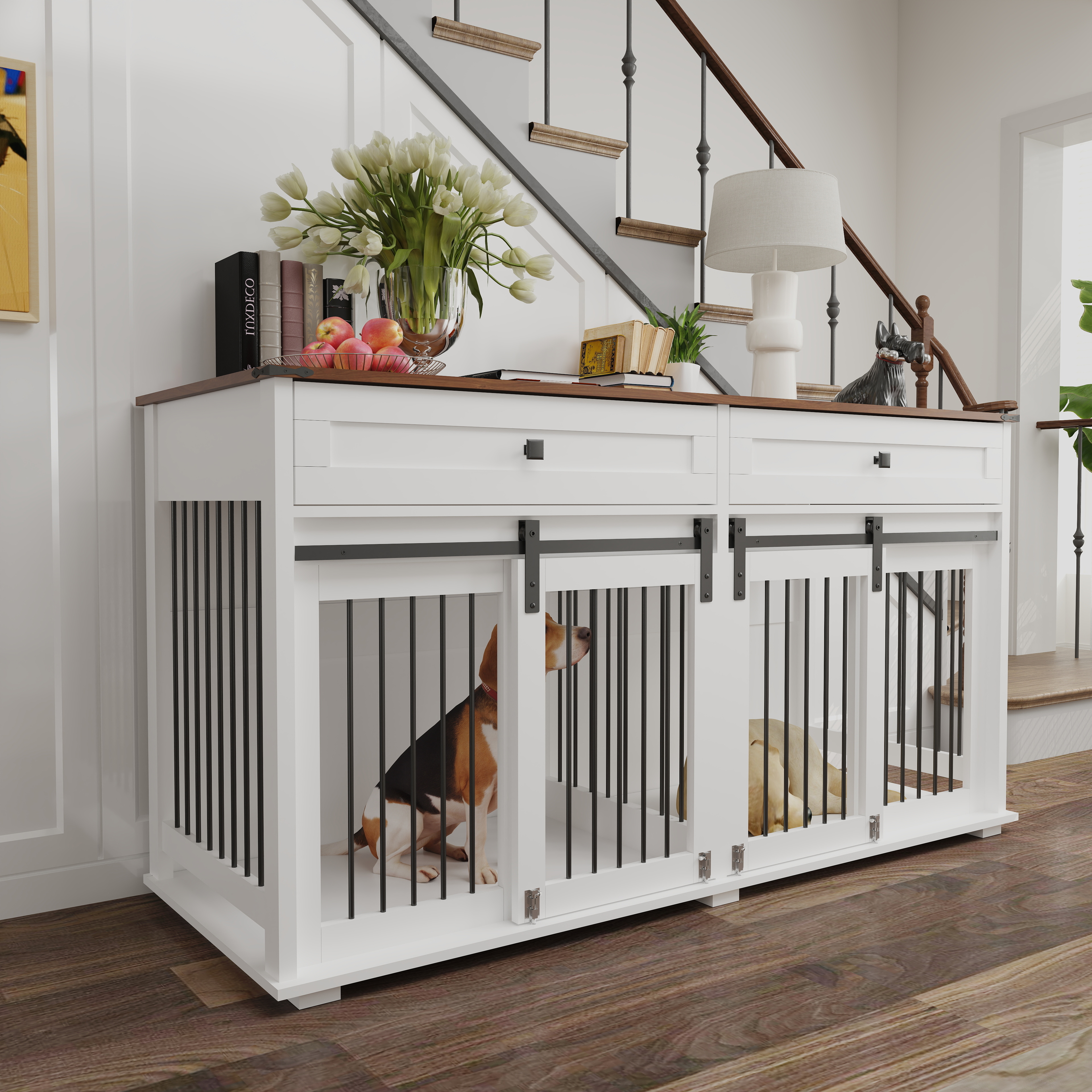63'' Large Dog Crate Furniture For Double Dog, Wooden Dog Kennel With 2 Drawers, Divider And Sliding Door, Water Resistant Indoor Pets Furniture Style Double Dog Crates — image 1