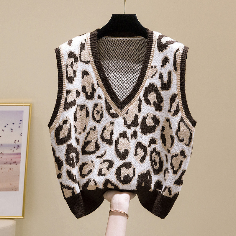Retro Leopard Print Knit Vest for Women, Loose Outerwear V-Neck Sleeveless Sweater Top — image 9