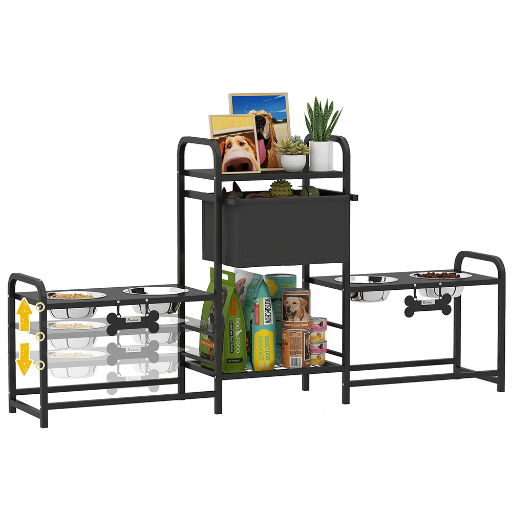 Soporte para Comederos de Perro con 3 Alturas Ajustables, Tela Oxford, Incluye Cuatro Tazones y Cesta para Juguetes — imagen 4