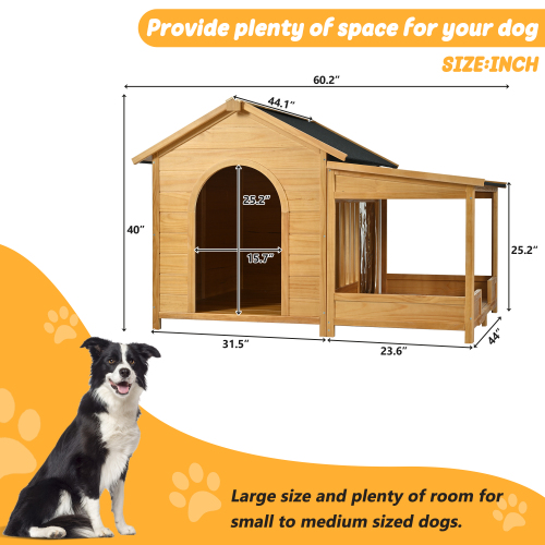 60.2 Large Outdoor Dog House With Insulated Liner For Winter Waterproof Dog Kennel For Medium & Large Dogs, Dog House With Porch And Asphalt Roof And Elevated Floor, Nature — image 6