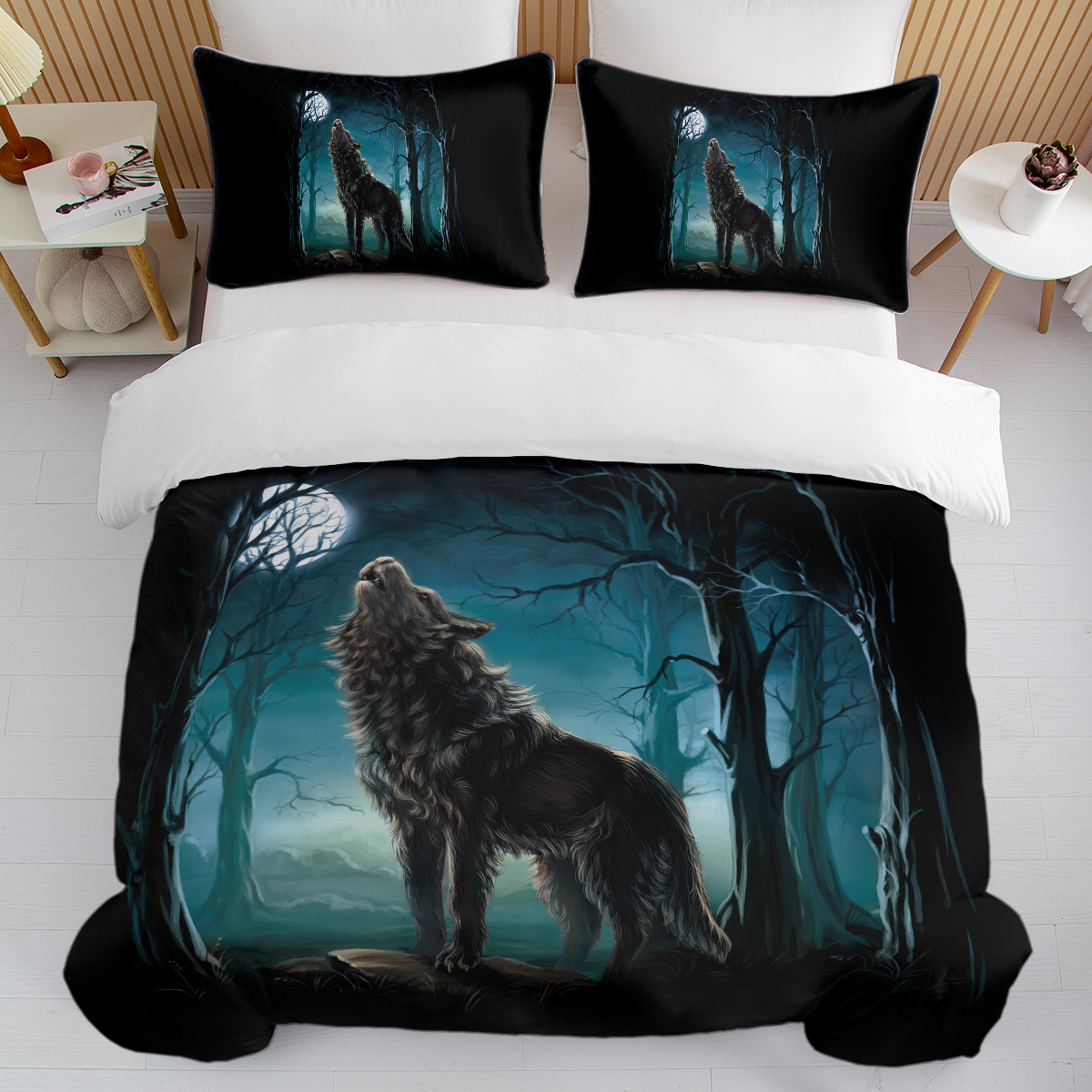 Moon Wolf Bedding Green Watercolor Forest Wolf Landscape Duvet Cover Sets 3 Pieces Wild Animal Bedding Set Twin Full Queen King Size — image 9