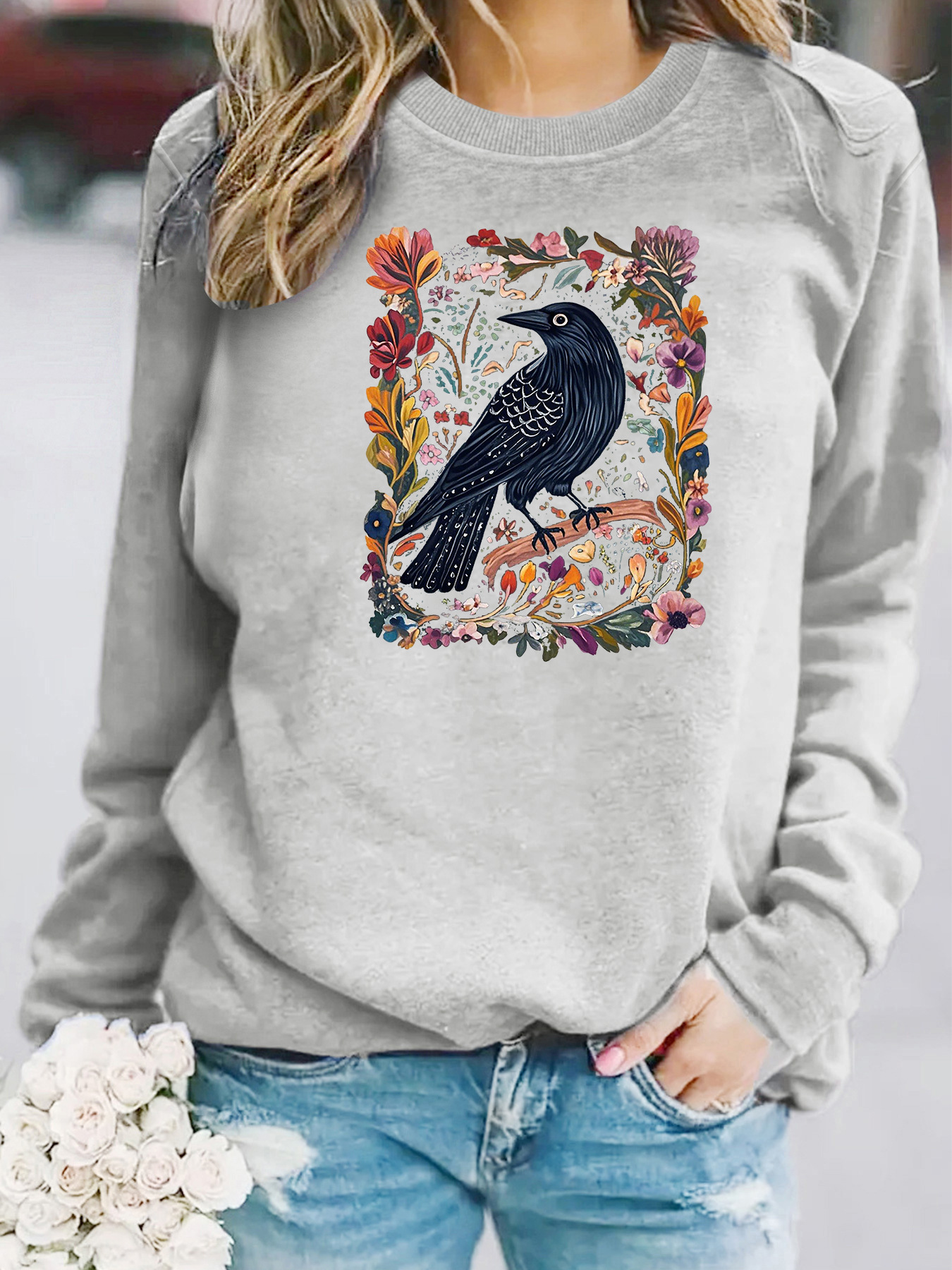 Crow print round neck fleece hoodie — image 11