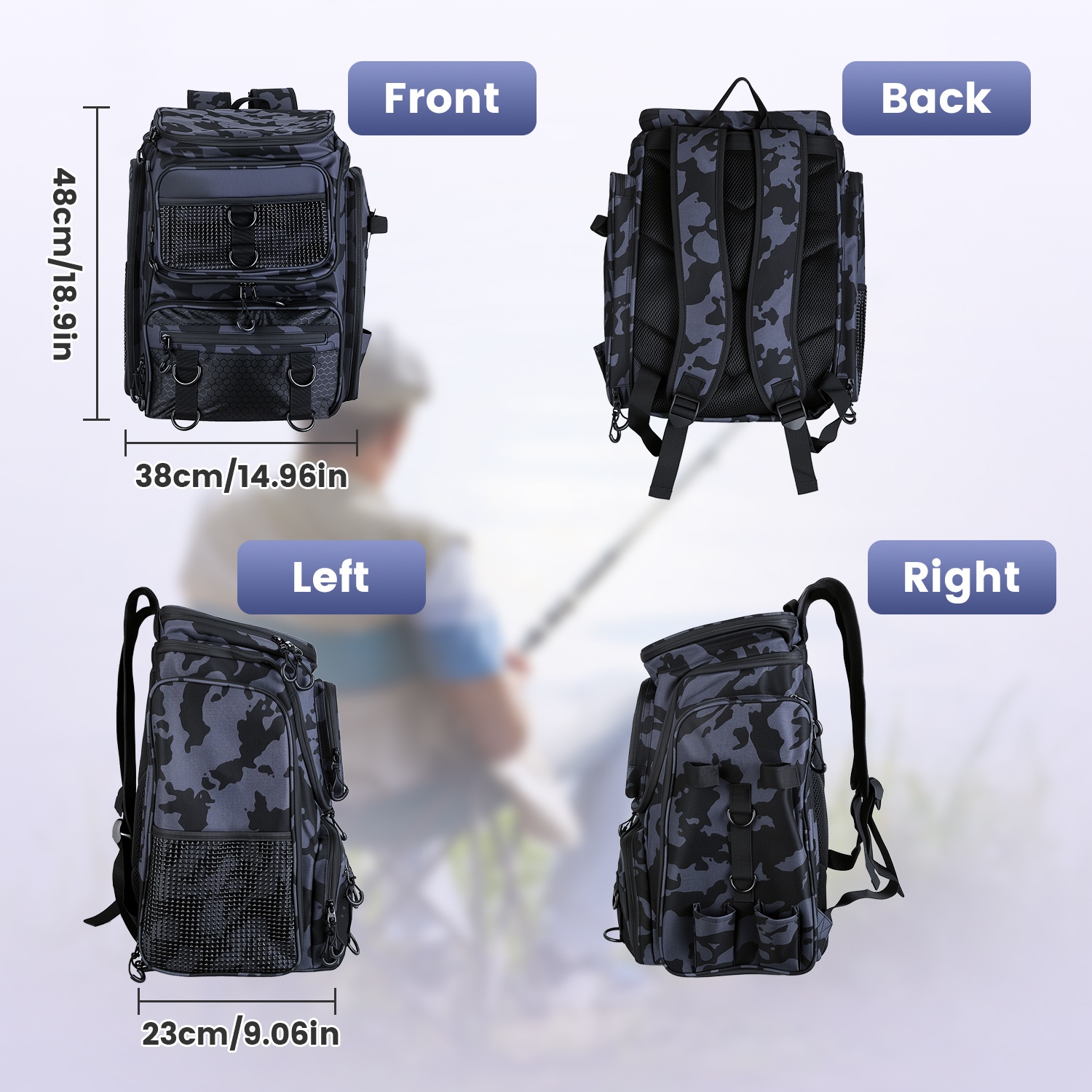 Mochila de Pesca de 42L (11Gal), Bolsa de Almacenamiento de Gran Capacidad para Equipo de Pesca, con Portacañas, 16 Bolsillos, Resistente al Agua, con Divisor, Correas Acolchadas Ajustables Para Pesca, Camping al Aire Libre y Senderismo — imagen 4
