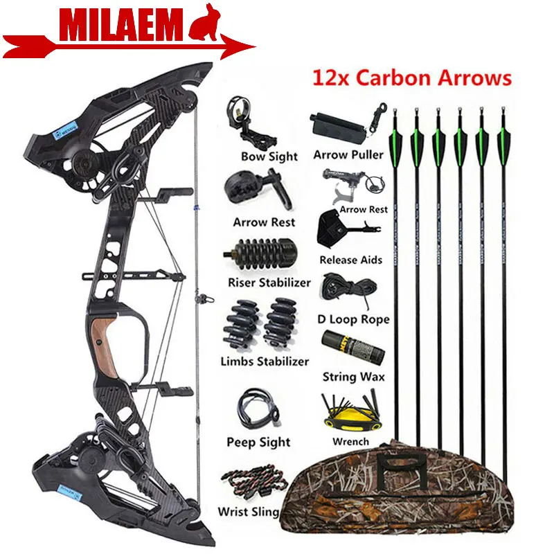 Set de Arco Compuesto y Flechas de Arquería, 21.5lbs-60lbs Ajustable, Flecha de Carbono, Arco de Doble Uso con Bola de Acero, Accesorios de Caza y Tiro — imagen 1