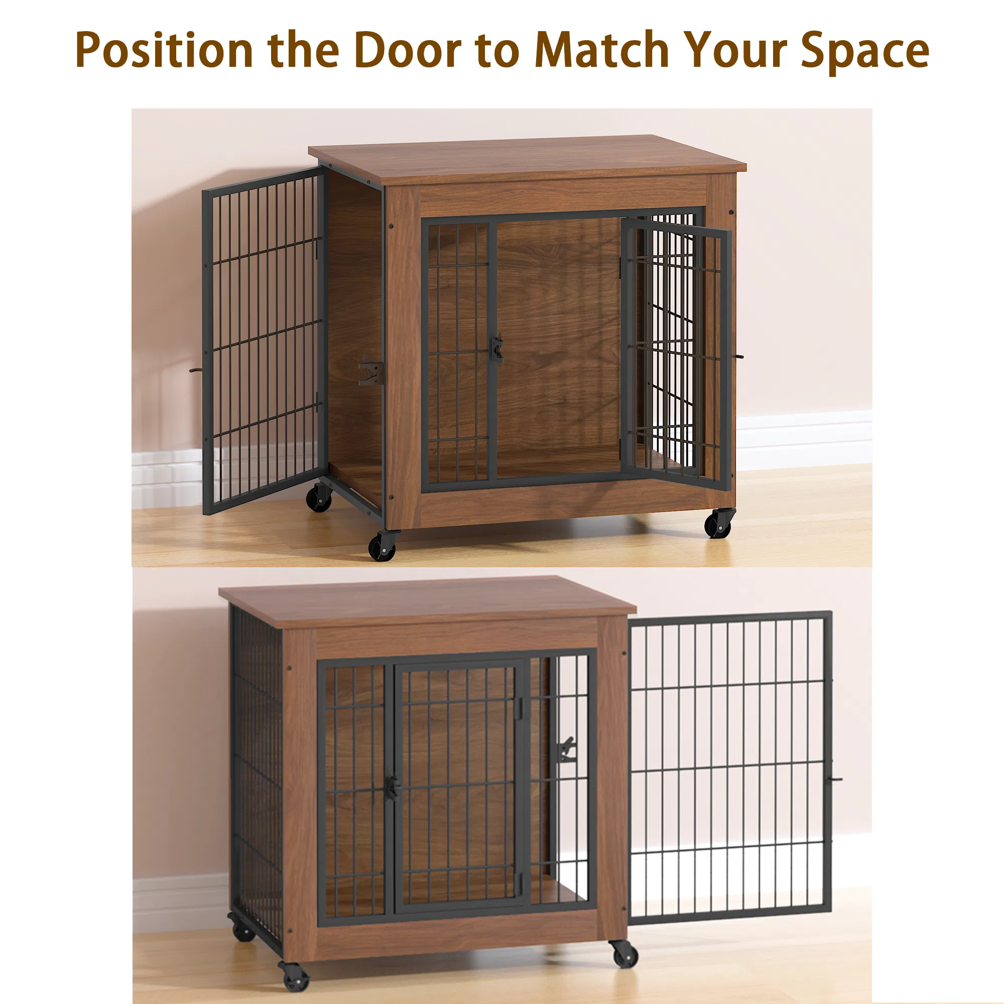 27.2" Dog Crate Furniture with Wheels for Small Dogs, Heavy Duty Dog Kennel Indoor with 2 Doors, Wooden Pet Cage End Table, Double-Doors Sturdy Metal Dog Cage for Anxiety Dog — image 5