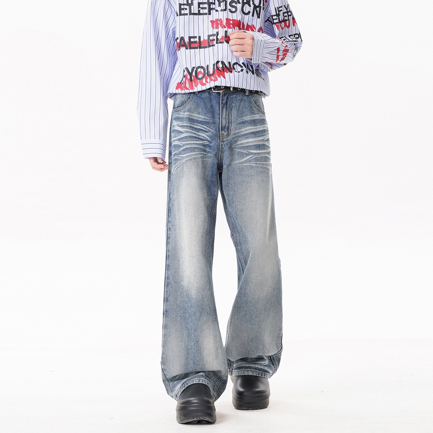 Retro Cat Paw Print Washed Knife-Edge Denim Pants — image 3