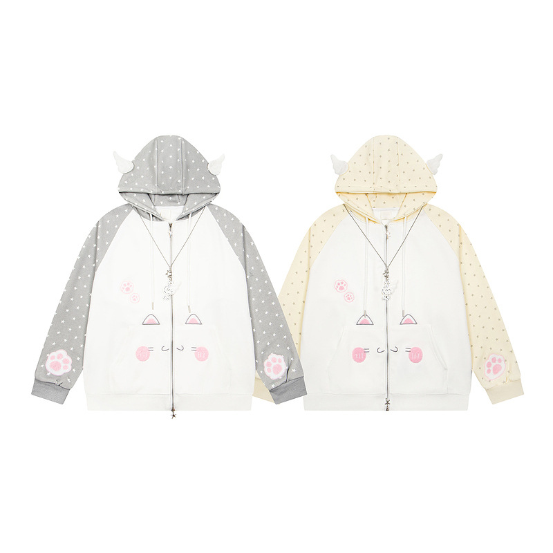 Cute cat face embroidered coat with gray and white color blocking — image 4