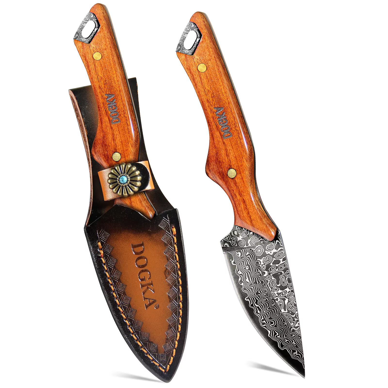 Handmade Damascus Hunting Knife, Full Tang Fixed Blade Camping Knife with Leather Sheath — image 2