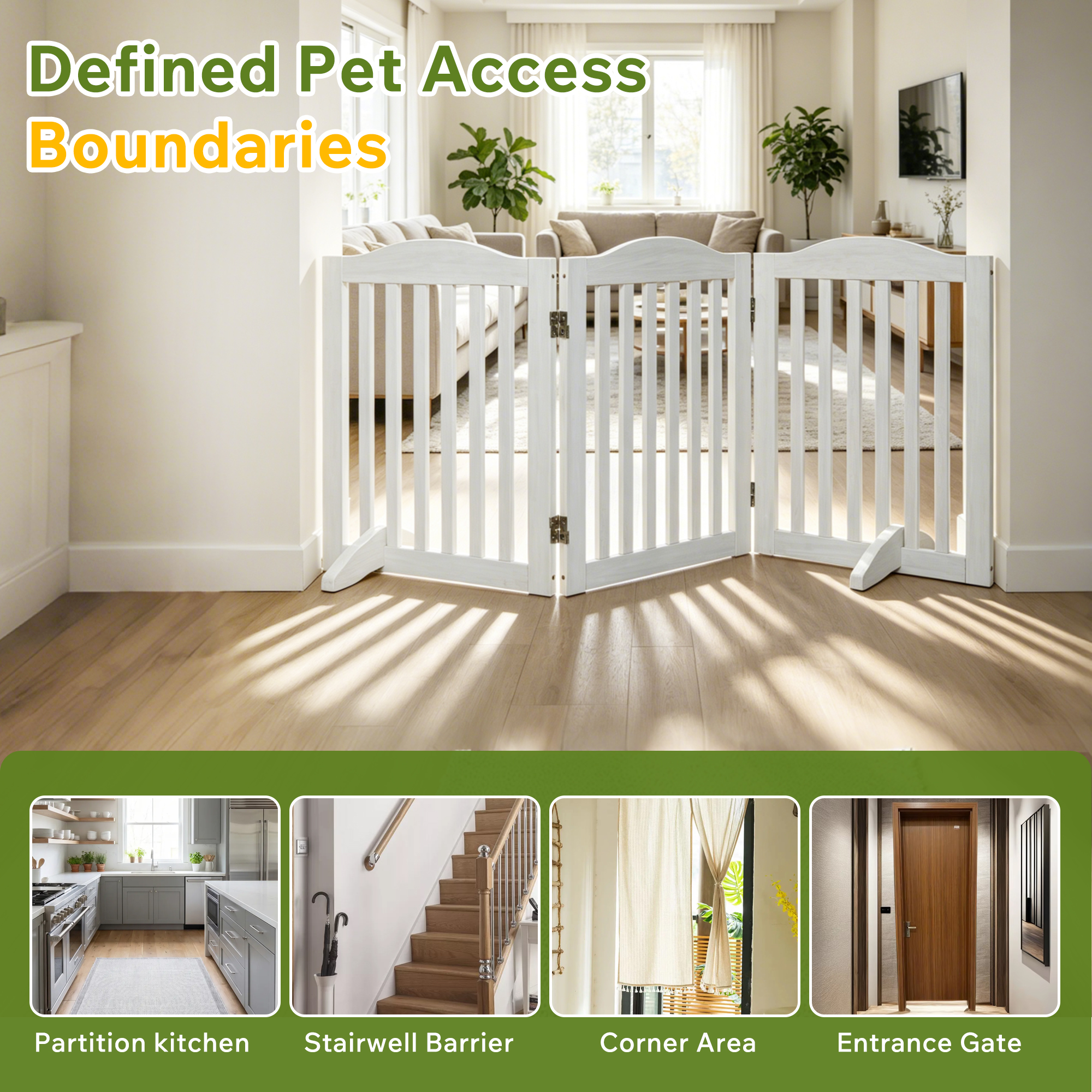 Puerta de Madera Plegable para Mascotas, 3 Paneles, 24 pulgadas, Barra de Acceso para Perros en Casa — imagen 3