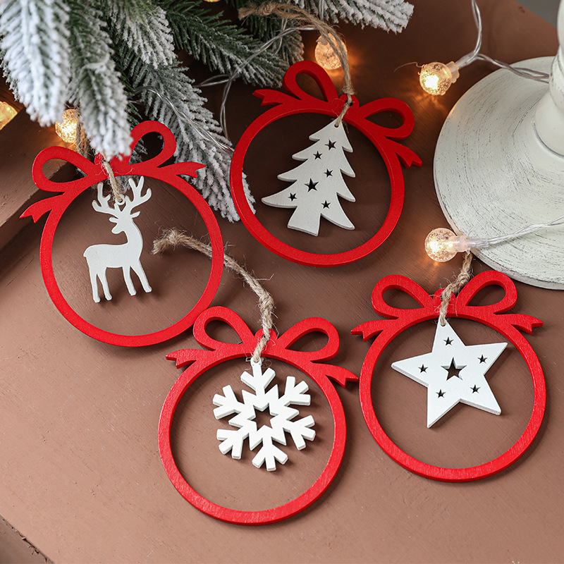 Christmas decorations, wooden Christmas hollowed out Christmas tree ornaments, wooden five pointed star reindeer snowflake ornaments — image 3