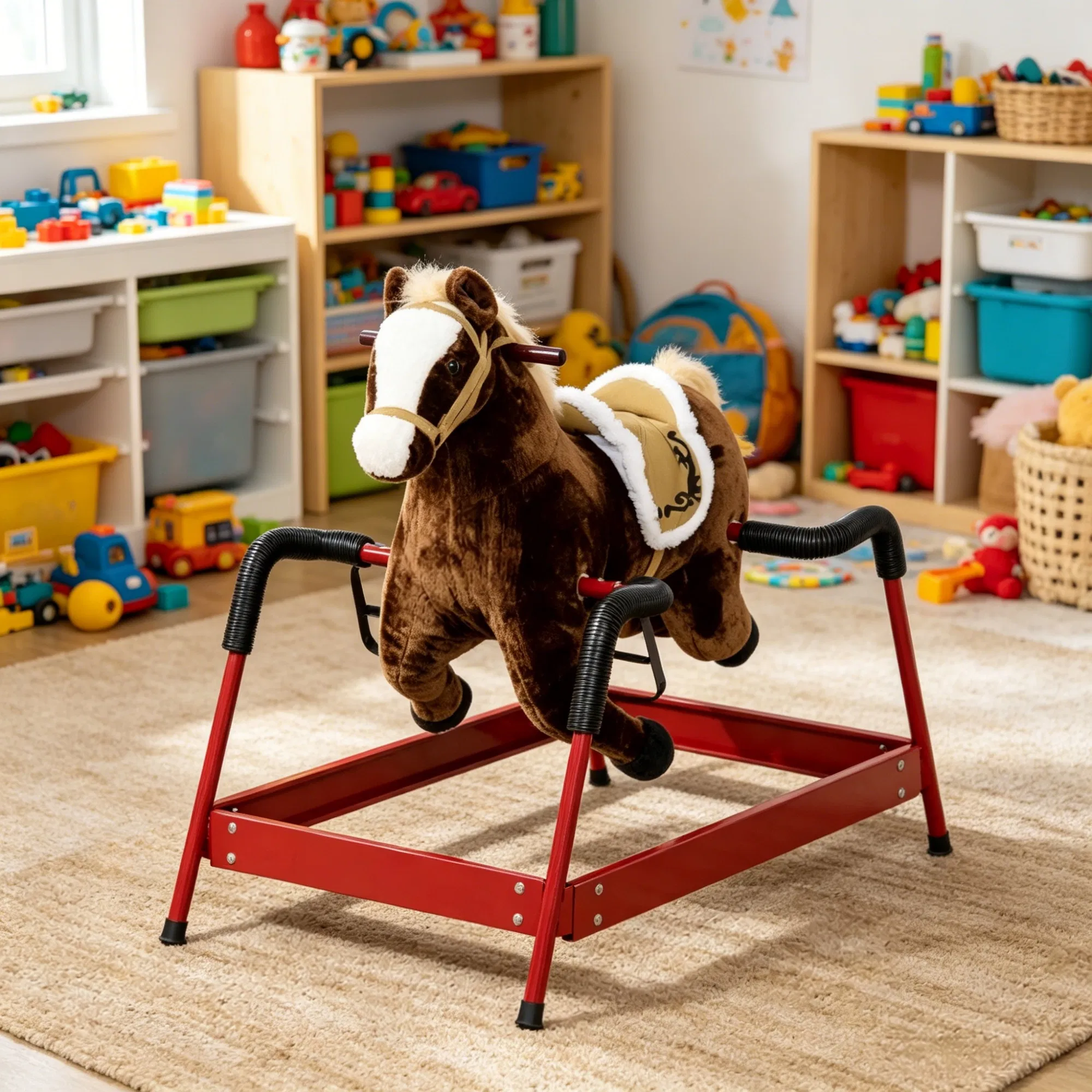 Dark Brown Interactive Kids Ride on Horse Spring Rocking Horse with Sounds, Plush Soft Feel Animal Ride-on Toy — imagen 6