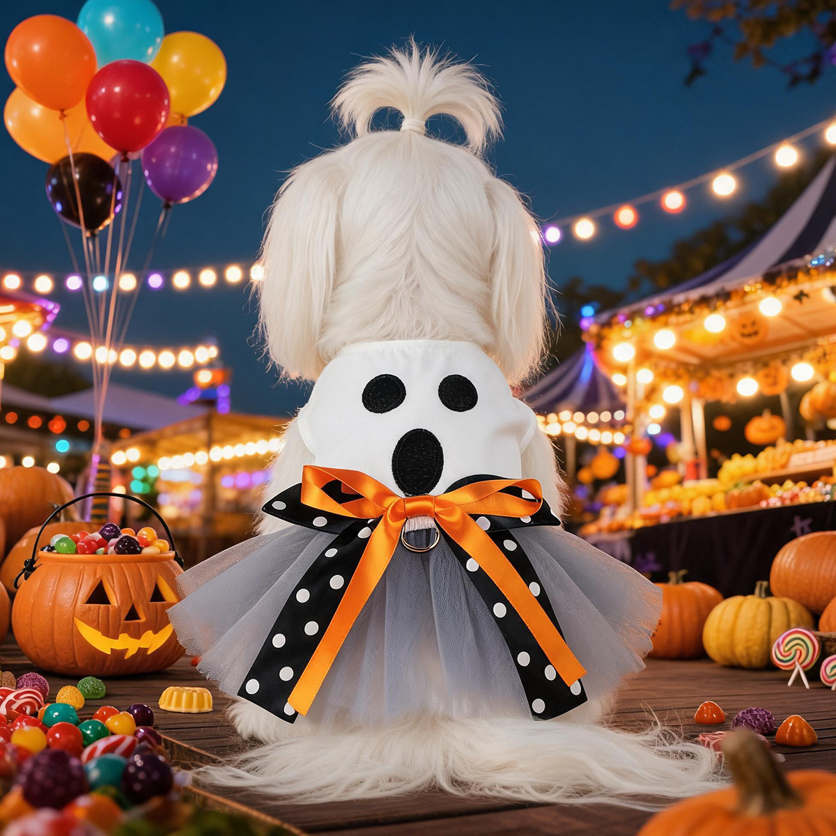 Ghost Face Ghost Polka Dot Bow Halloween Pet Tulle Dress for Maltese, Gray Mesh Festival Costume — image 3