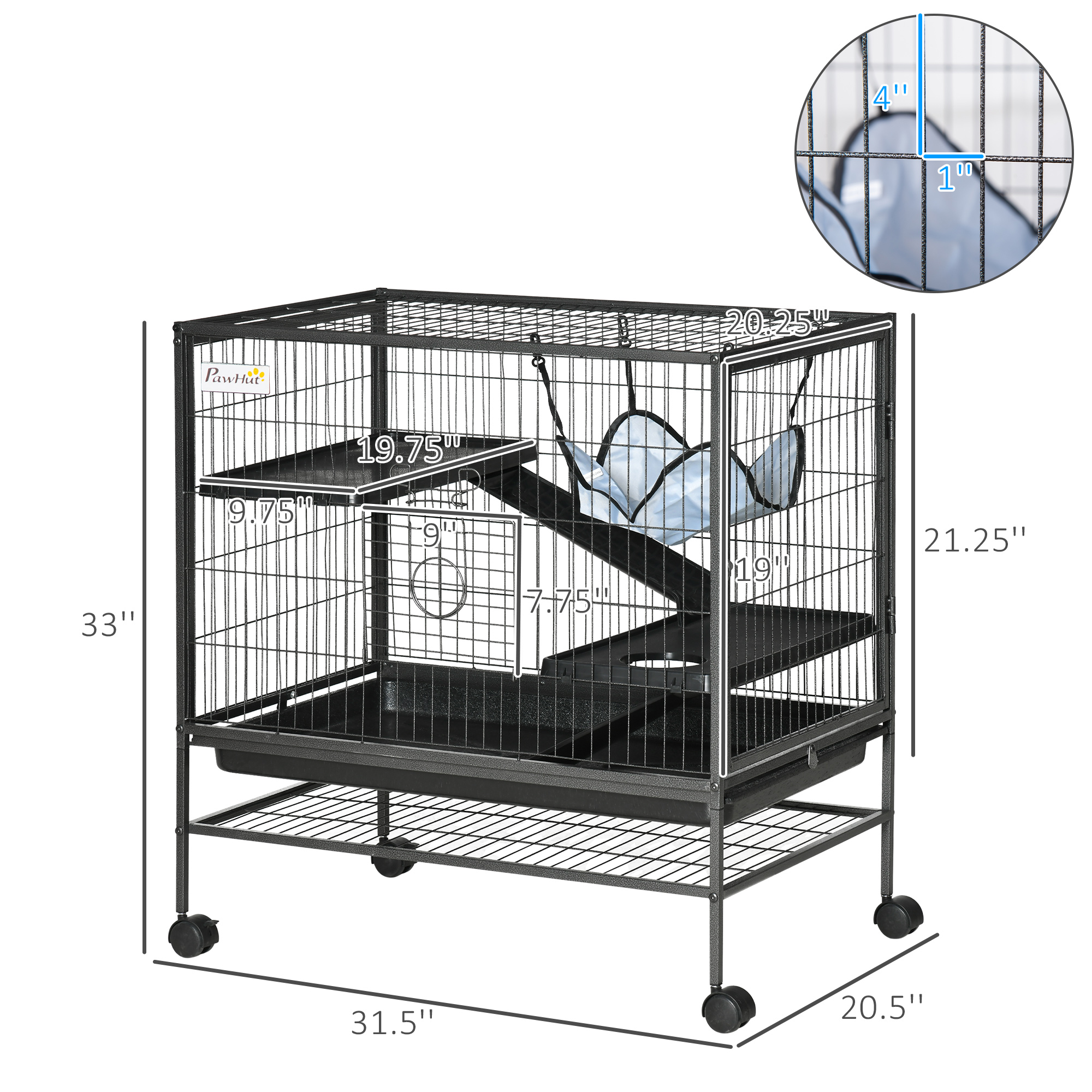 Small Animal Cage With Wheels, Pet Playpen For Rat, Syrian Hamster, Kitten, Ferrets, Chinchillas With Bottom Storage Shelf, Removable Tray, Ramp, 31.5" X 20.5" X 33.1" — imagen 3