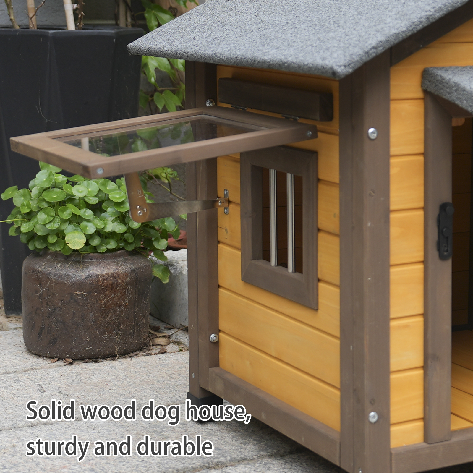 Solid Wood Dog House, Cozy Outdoor Shelter For Medium & Small Dogs With Lockable Ventilated Door, Waterproof Insulated Felt Roof & Charming Design — image 5