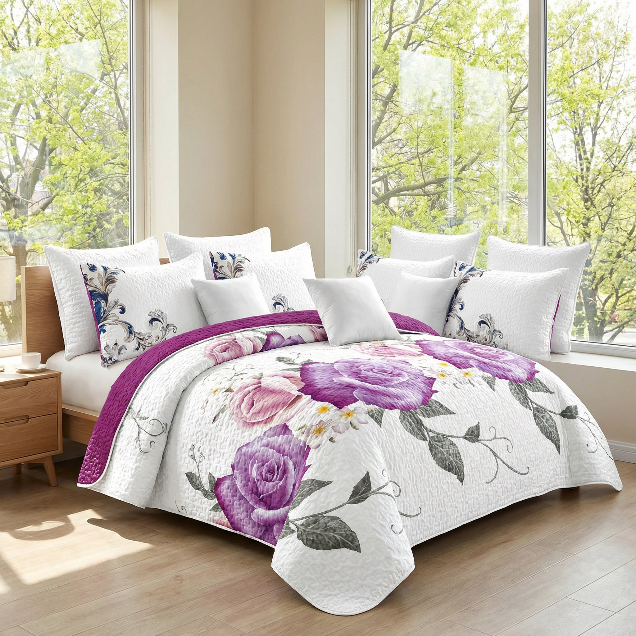 Set de Edredón y Cortinas de 9 Piezas 'Habitación en una Bolsa', Diseño Americano con Estampado Floral de Rosas Magenta y Morado Intenso, Colcha Gruesa con 6 Paneles de Cortina Personalizables, Apto para Mascotas de Alto Gramaje — imagen 4