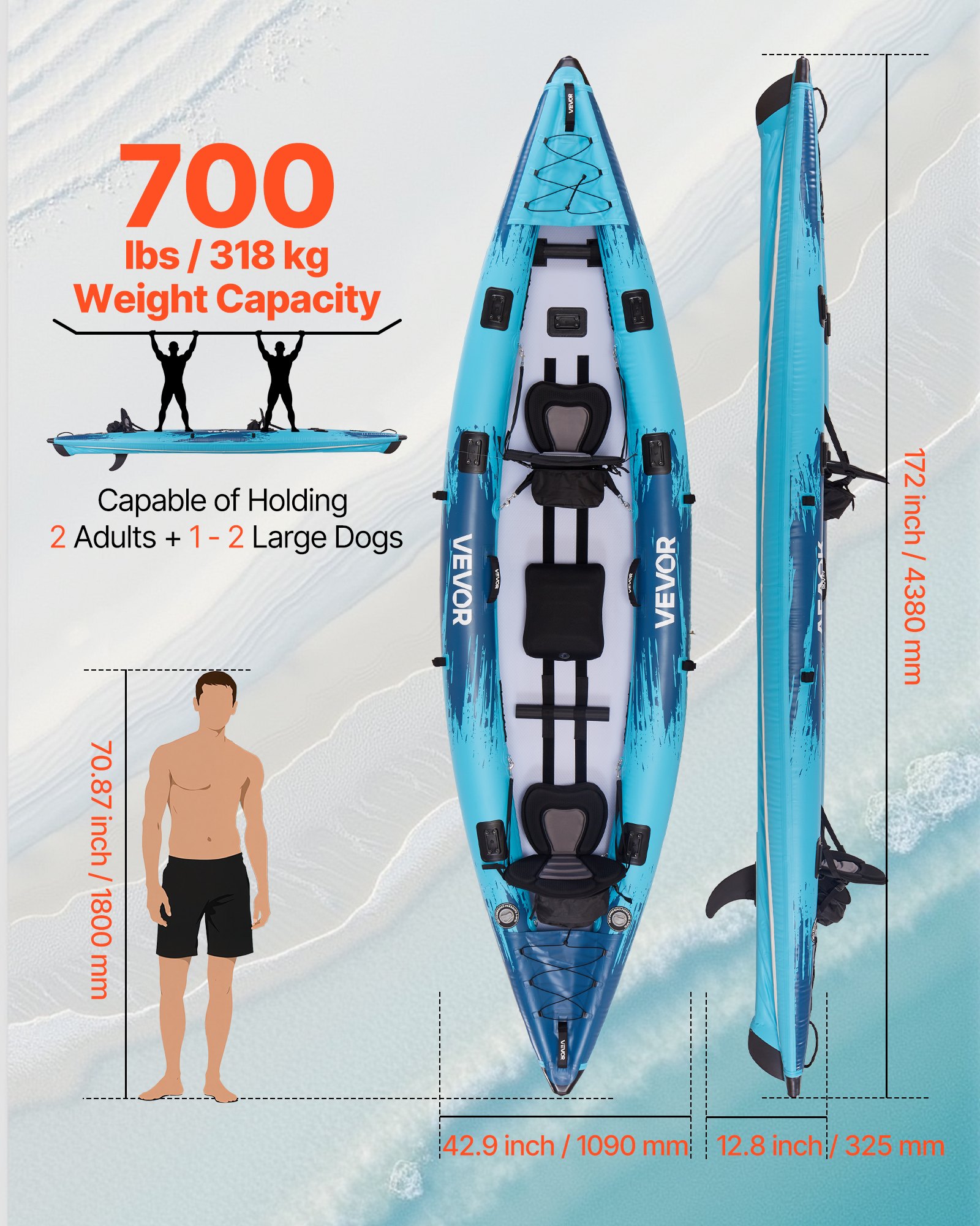 Kayak inflable de 2 personas, Kayak recreativo inflable con capacidad para 700 lbs, Resistente a fugas y agujeros con asiento acolchado, Piso PVC de doble capa, 2 remos, Bomba manual y bolsa de transporte para pesca y camping — imagen 2