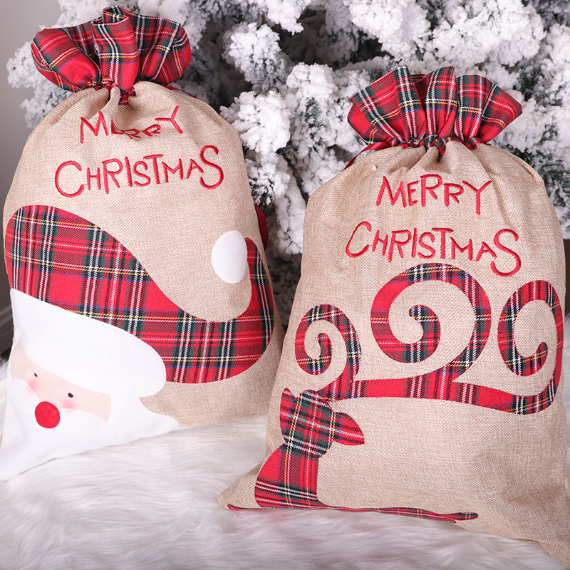 Santa Claus Little Deer Christmas Linen Gift Bag Drawstring Ribbon Candy Bag Christmas Decorative Apple Bag — image 1