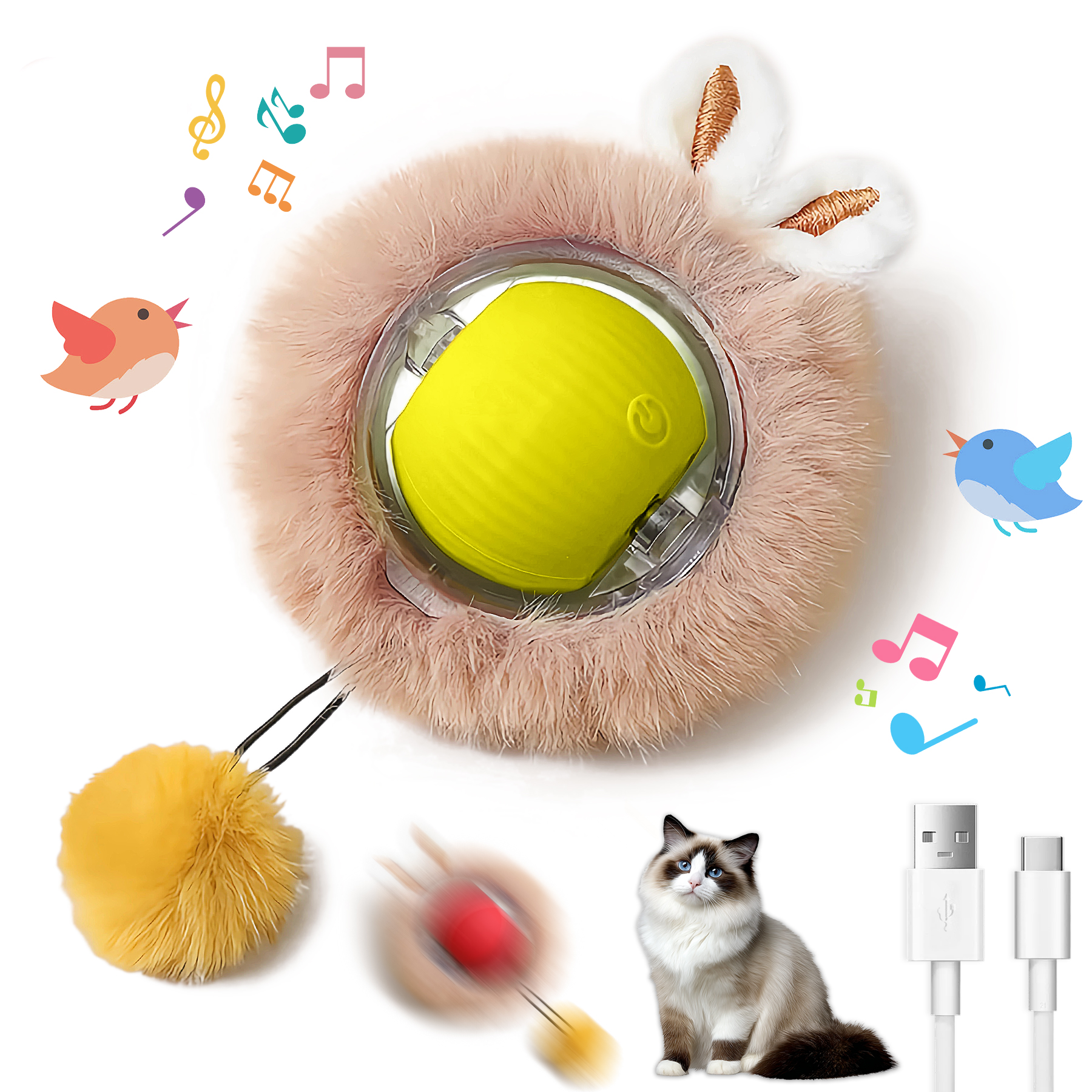 Juguetes Interactivos de Bola para Gatos y Perros - Pelota Móvil con Luces y Cola y Orejas de Conejo para Mascotas Domésticas — imagen 1