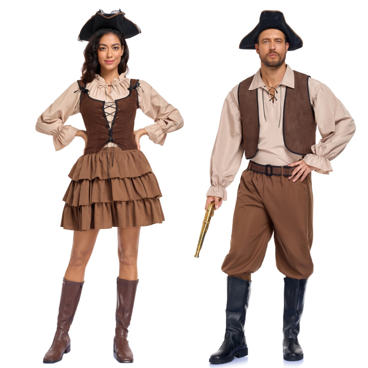 Halloween Vintage Caribbean Pirate Jack Sparrow Cosplay Costume Couple Stage Performance Outfit Set — image 1