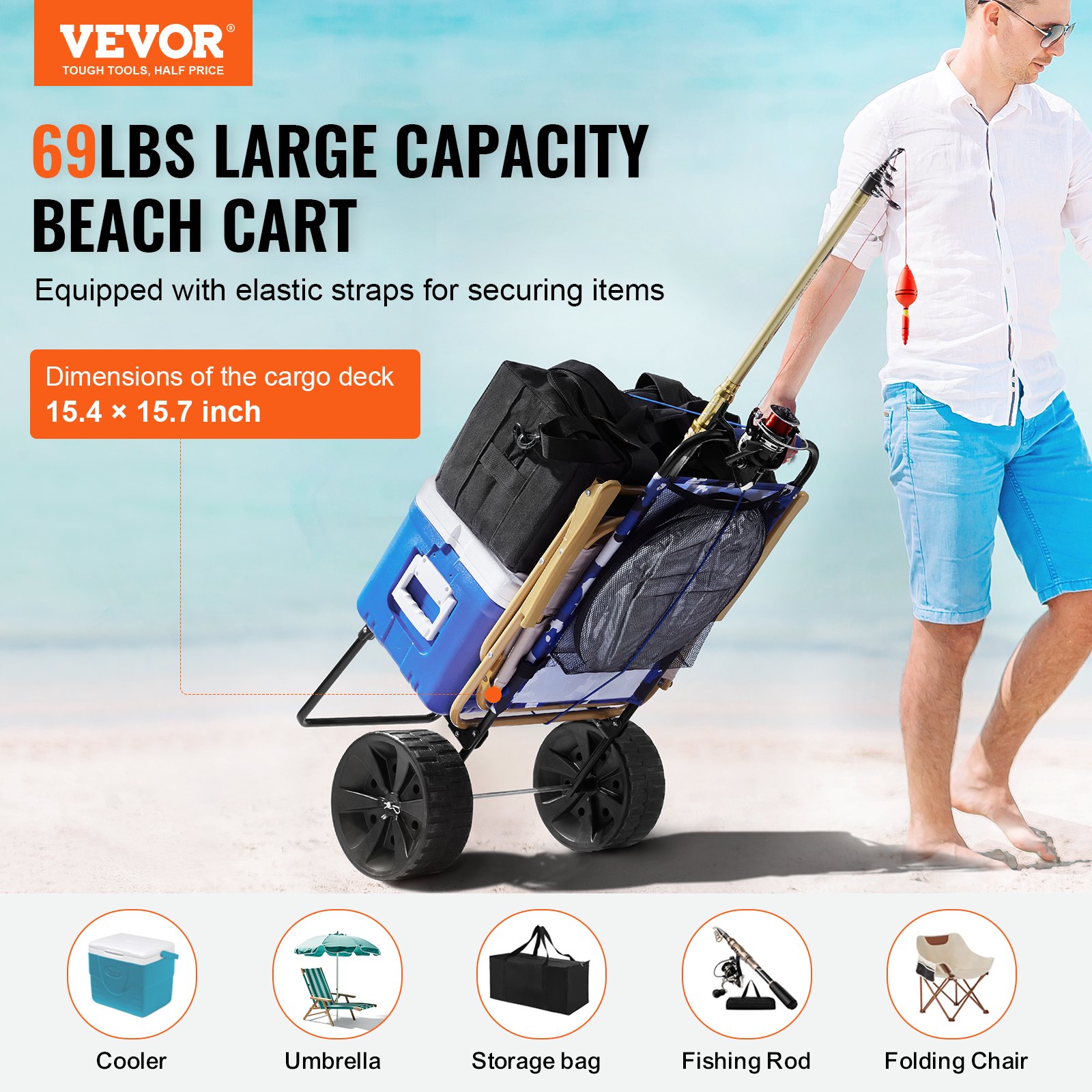 Dolly de Playa con Ruedas Grandes para Arena, 15.4' x 15.7' Superficie de Carga, Con Ruedas PE Solidad de 10', Capacidad de Carga 69LBS, Dolly Reutilizable para Pícnic, Camping, Pesca, Playa y Jardinería — imagen 2