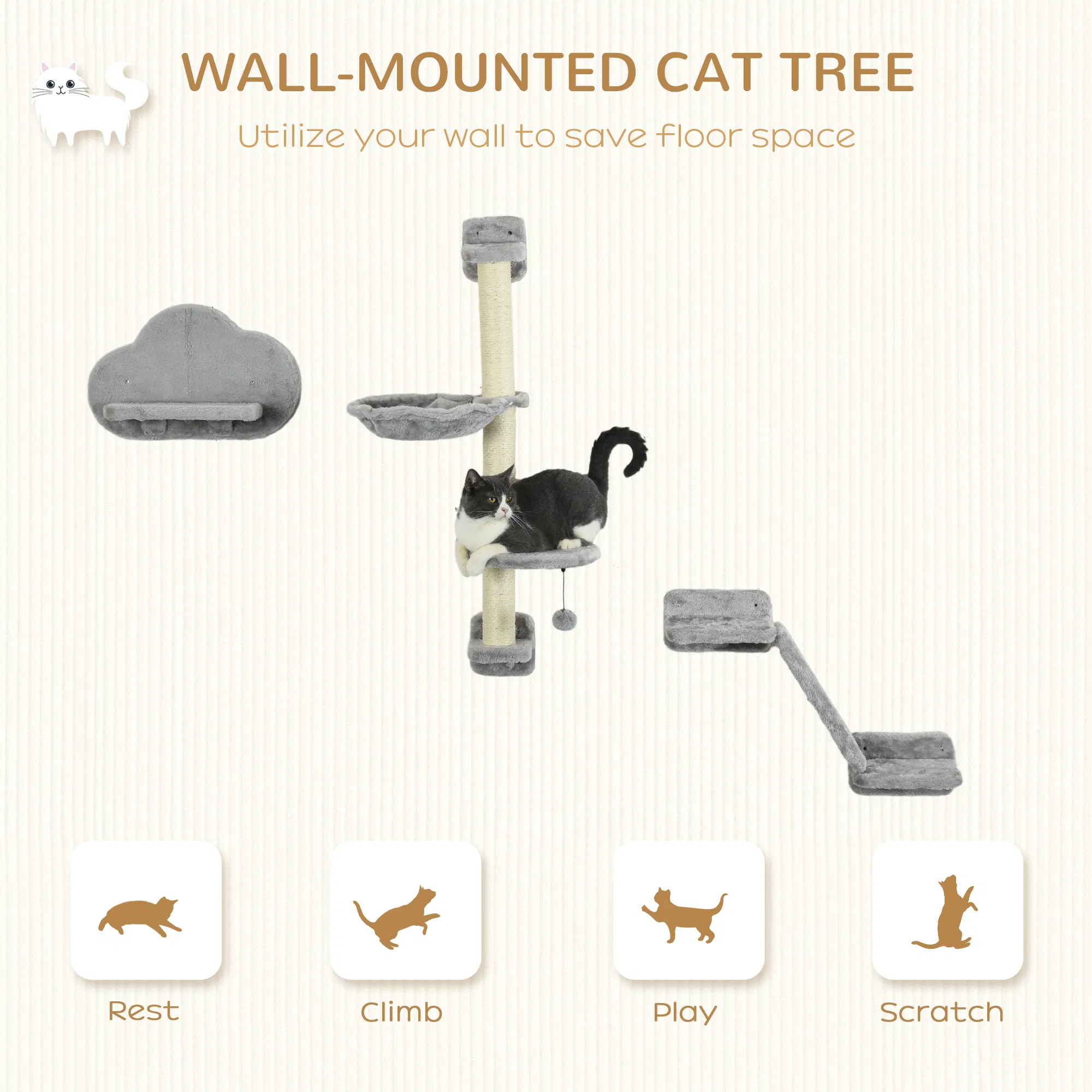 3PCs Cat Shelves with Hammock, Scratching Posts, Platforms, Grey — image 4