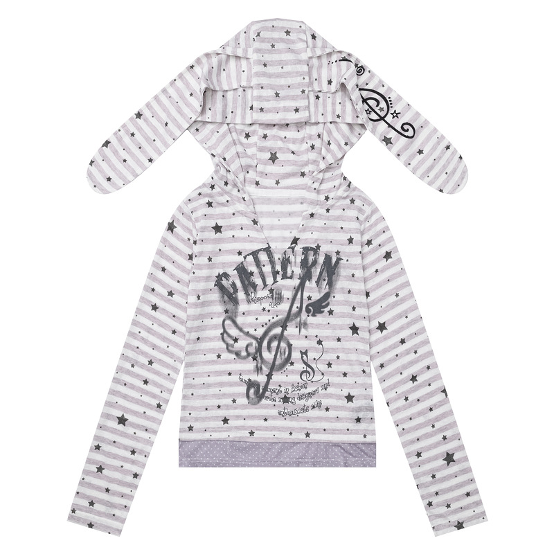 Thin striped rabbit ear hooded long sleeved T-shirt — image 1