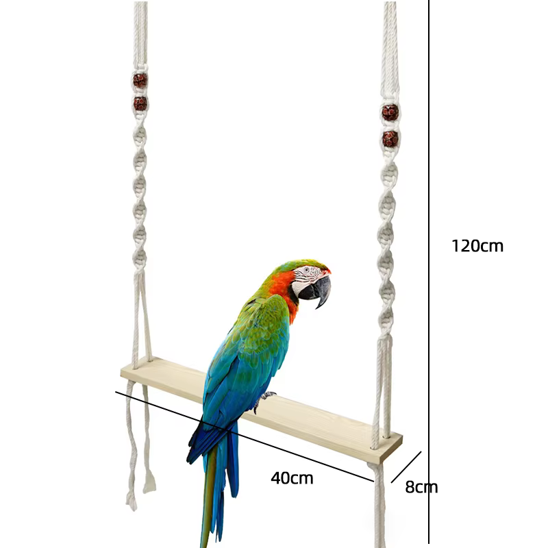 Suelo de Cauce Artesanal para Pájaros - Percha de Madera y Hamaca de Tela Macramé, Decoración Bohemia para Loros y Pinzones — imagen 4