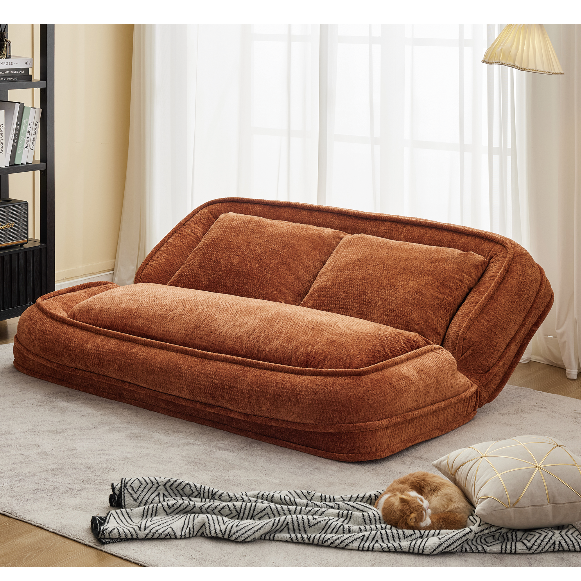 Silla de descanso doble para perros, Sofá relajante, Silla de amor, Adecuada para ti y tus mascotas, Couch de piso extra grande, Puedes sentarte o acostarte, 2 en 1, 5 posiciones ajustables, Almohada rellena, 2 asientos, Chenille naranja — imagen 6