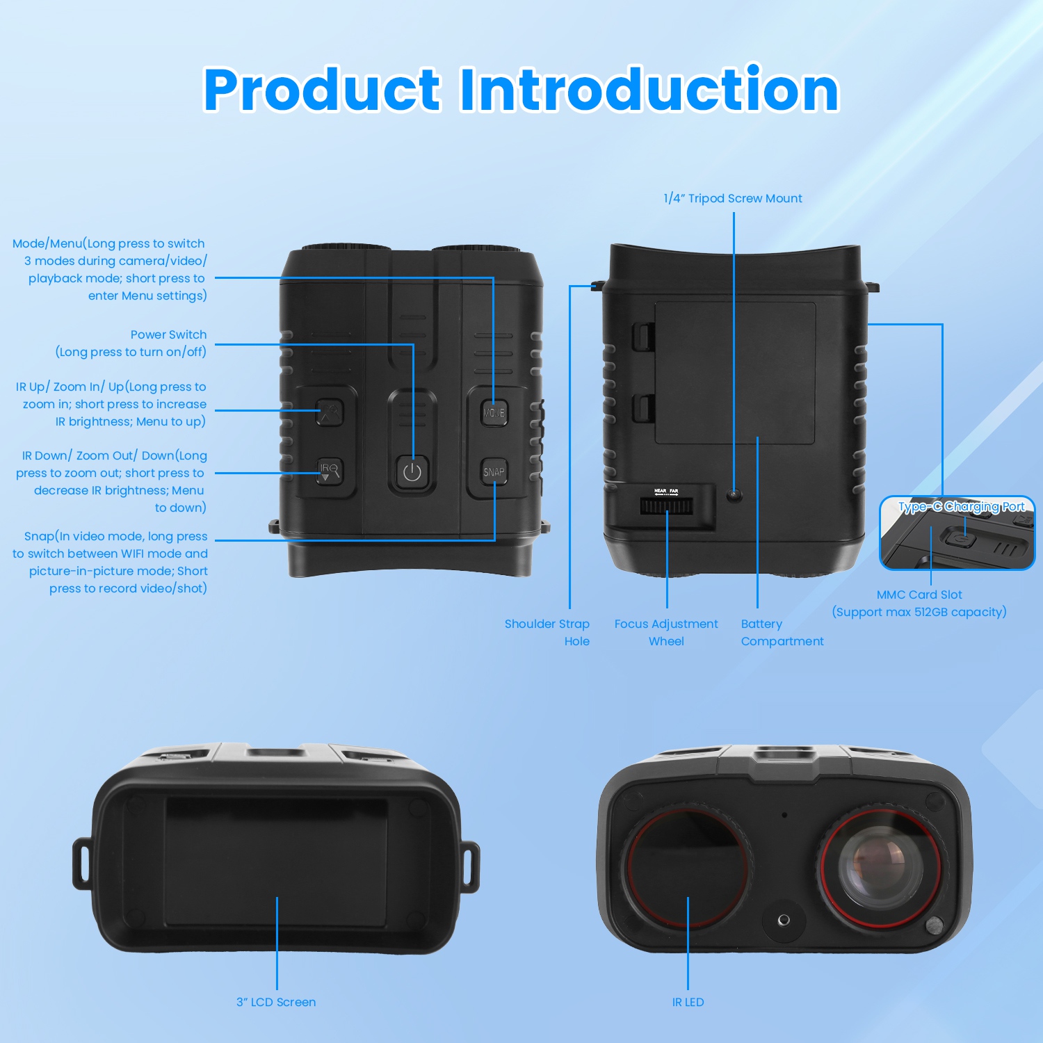 Gafas de Visión Nocturna 4K Binoculares a Todo Color con Zoom 10X, Alcance de Visión de 2624ft, Pantalla de 3in, Tarjeta MMC de 64G, Control por App WIFI, Guarda Fotos y Video, Ideal para Camping, Caza y Seguridad — imagen 13