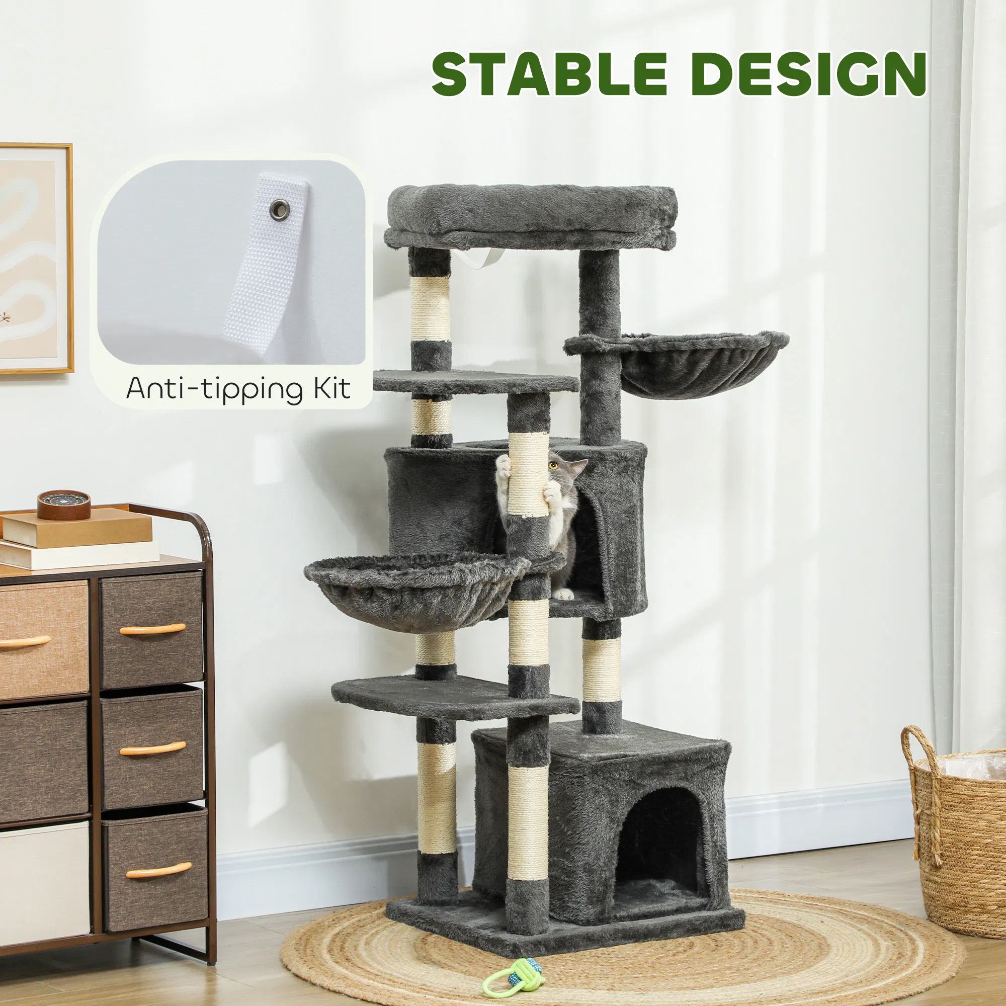 52.5" Cat Tree Tower with Scratching Posts, Cat Condos, Bed, Platforms, Hammocks, for Indoor Cats, Dark Grey — image 4